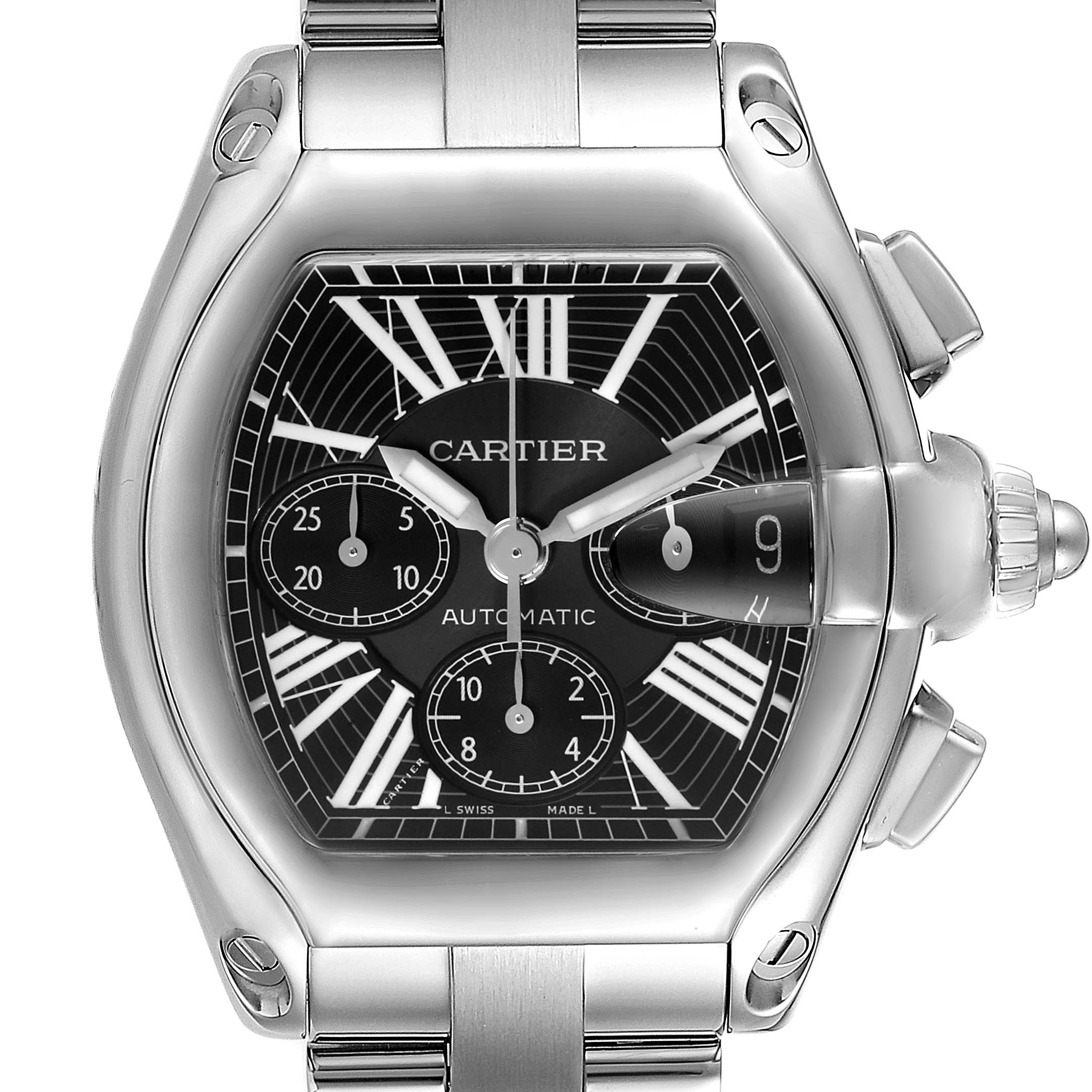 This image shows a close-up, front view of the Cartier Roadster W62020X6 Men
s Stainless Steel Black Dial W62020X6 Men
s Stainless Steel Black Dial model watch, highlighting the dial, hands, and chronograph sub-dials.