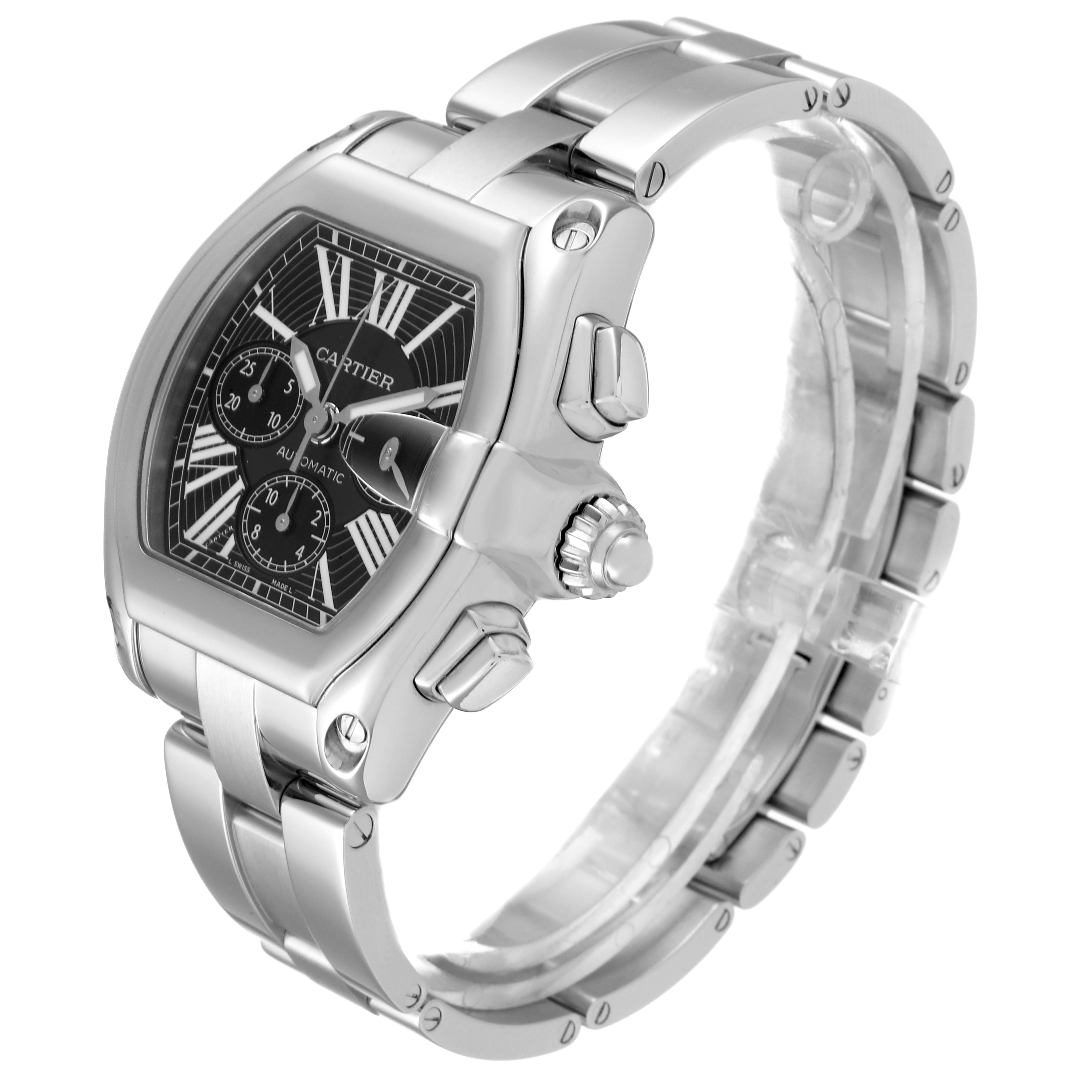 The image shows a Cartier Roadster W62020X6 Men
s Stainless Steel Black Dial W62020X6 Men
s Stainless Steel Black Dial model watch from an angle that highlights the face, case, crown, and bracelet.