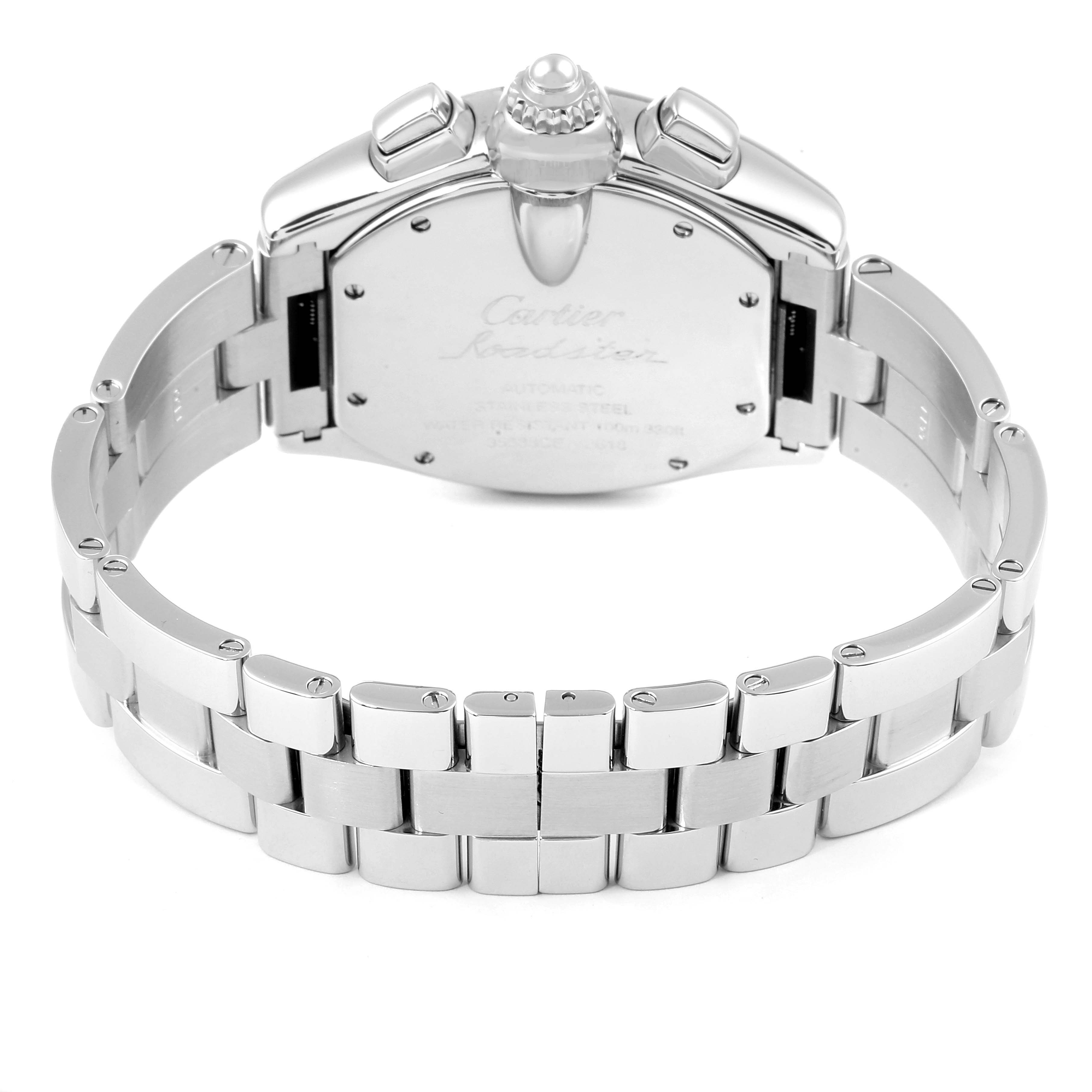 The image shows the back view of a Cartier Roadster W62020X6 Men
s Stainless Steel Black Dial W62020X6 Men
s Stainless Steel Black Dial watch, highlighting its case back, crown, and metal bracelet.
