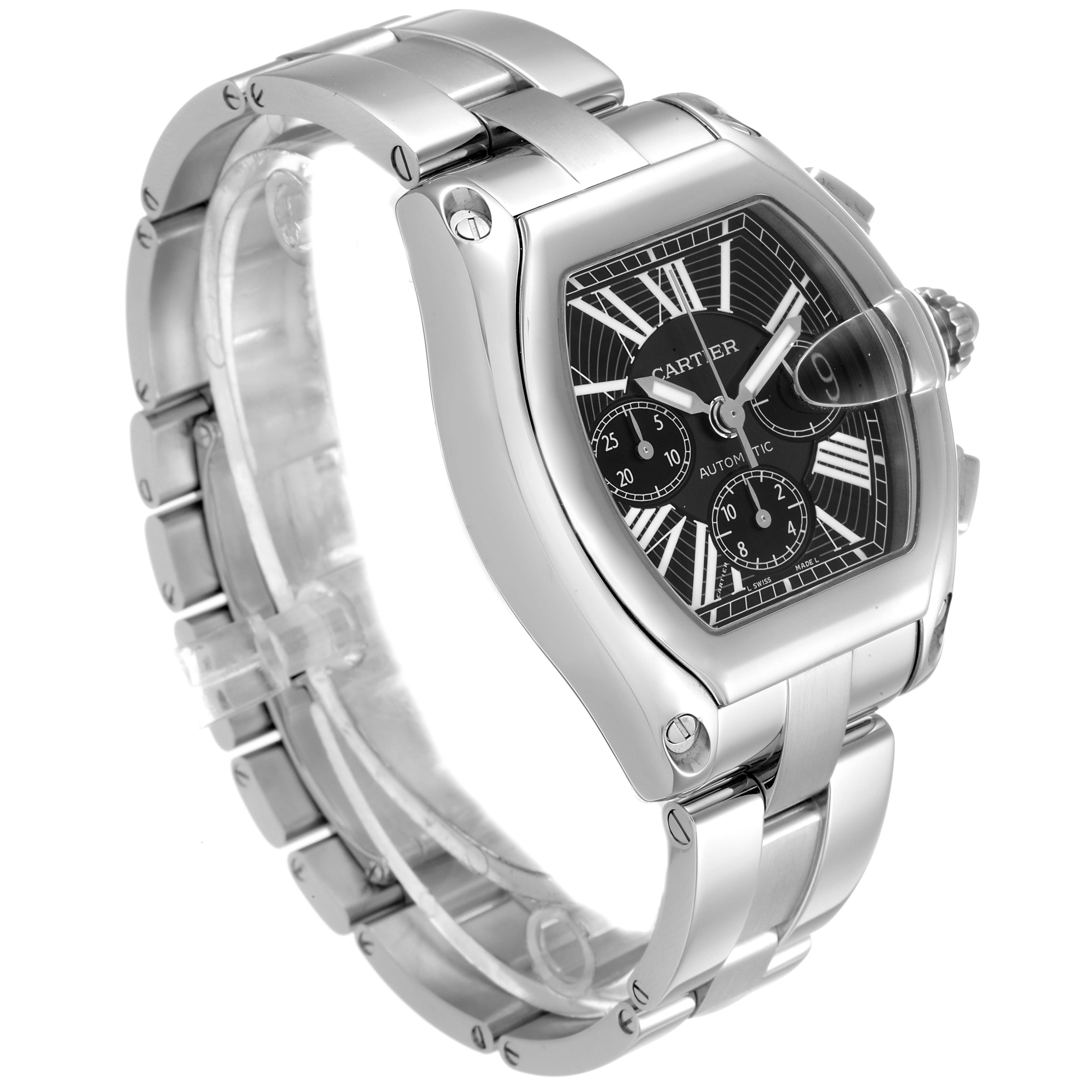 The image shows a Cartier Roadster W62020X6 Men
s Stainless Steel Black Dial W62020X6 Men
s Stainless Steel Black Dial watch from an angled side view, highlighting the bracelet and watch face.