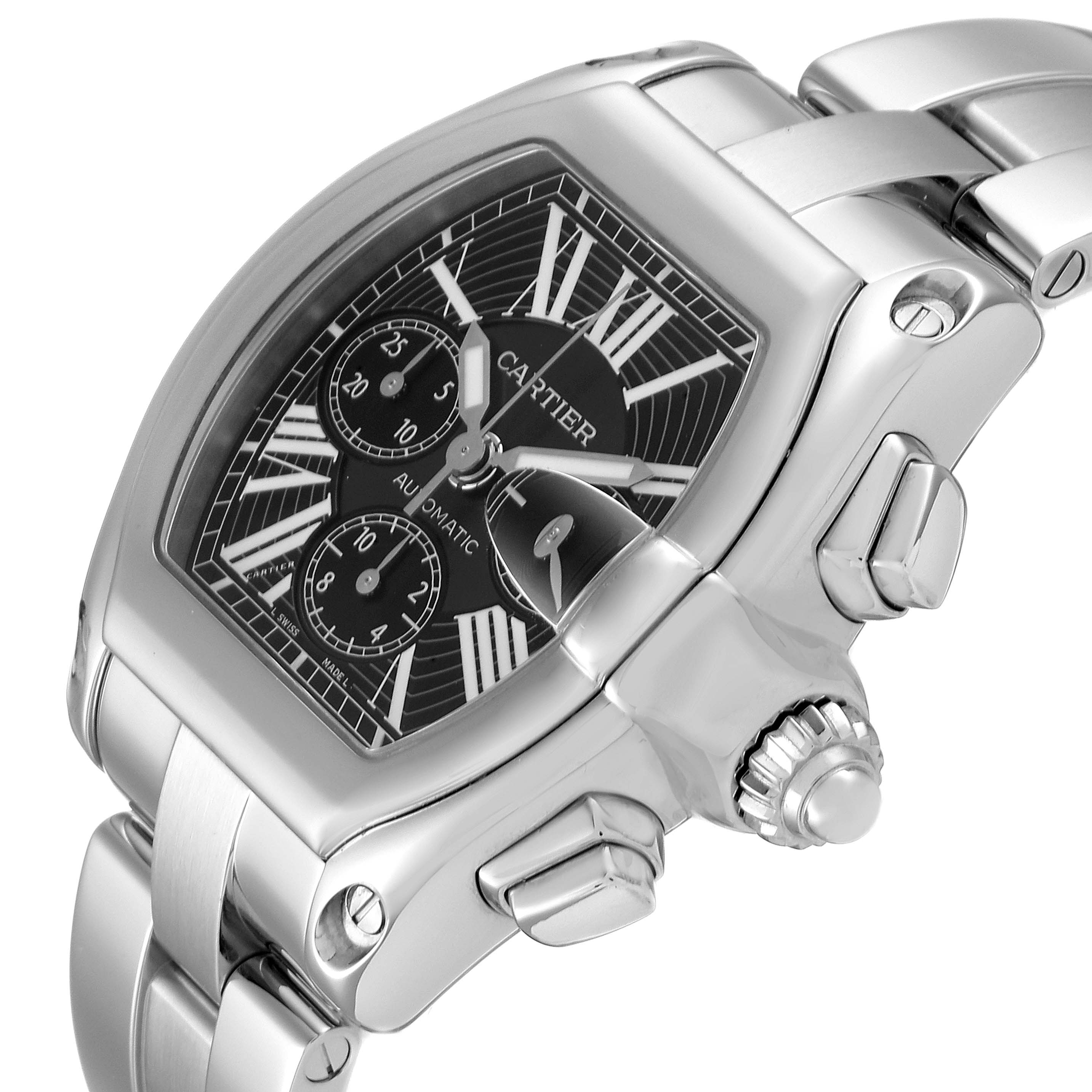 This image shows a close-up side angle of a Cartier Roadster W62020X6 Men
s Stainless Steel Black Dial W62020X6 Men
s Stainless Steel Black Dial watch, highlighting its dial, crown, and bracelet.