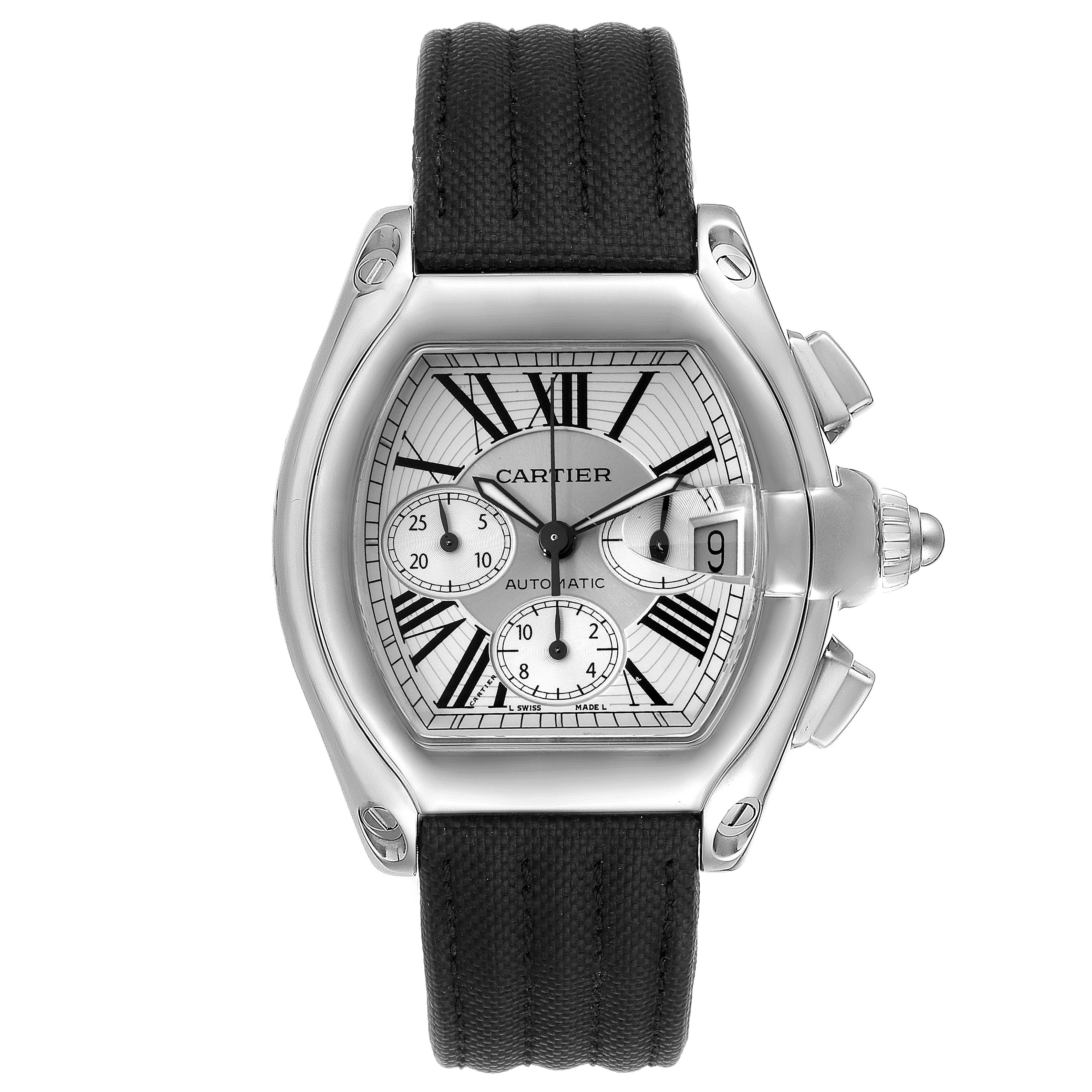 This image shows a frontal view of the Cartier Roadster W62019X6 Men
s Stainless Steel Silver Dial W62019X6 Men
s Stainless Steel Silver Dial watch, including its face, dial, strap, and crown.