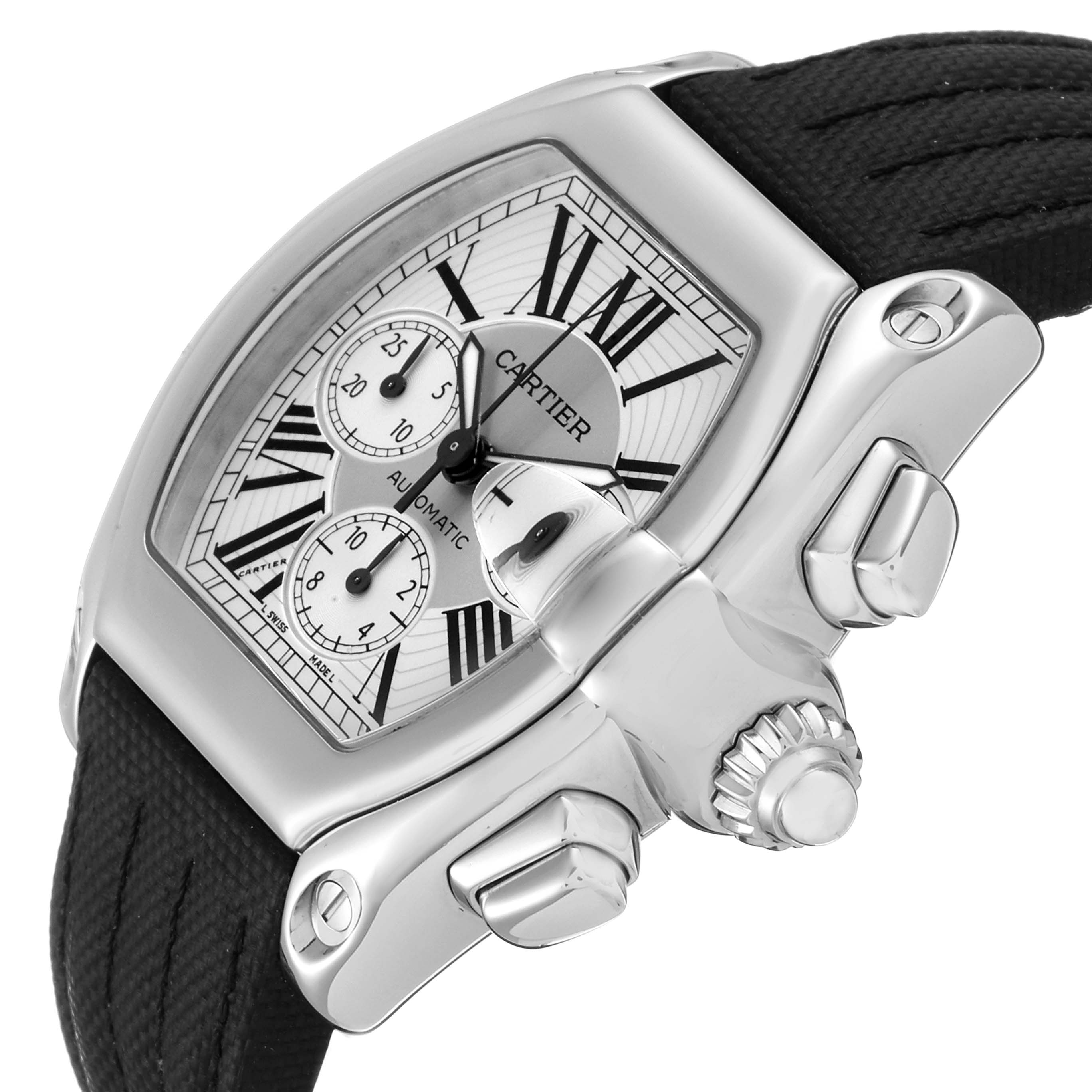 The Cartier Roadster W62019X6 Men
s Stainless Steel Silver Dial W62019X6 Men
s Stainless Steel Silver Dial watch is shown at an angle displaying its dial, subdials, crown, pushers, and part of the strap.