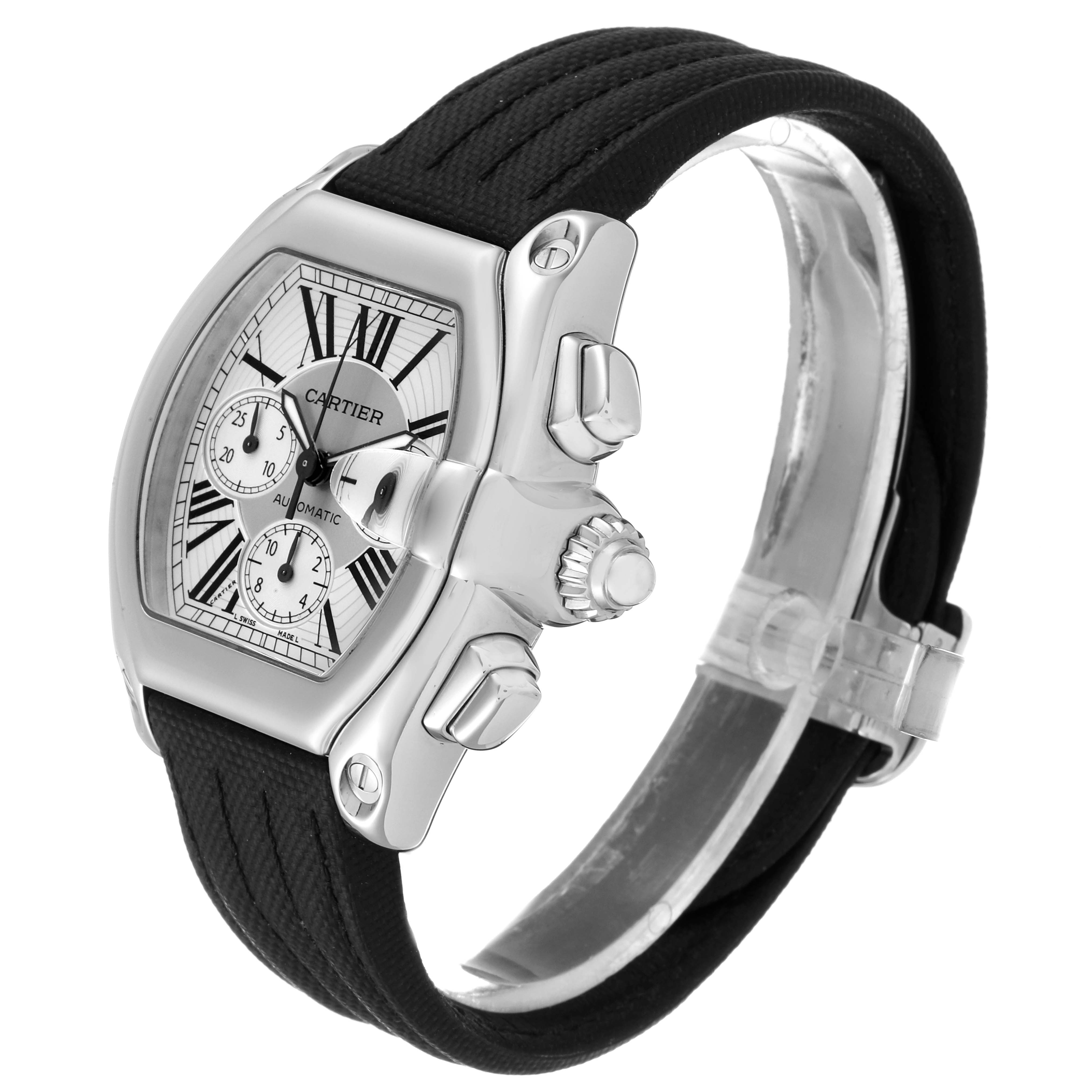 The Cartier Roadster W62019X6 Men
s Stainless Steel Silver Dial W62019X6 Men
s Stainless Steel Silver Dial watch is shown at an angle highlighting the face, crown, and part of the strap.