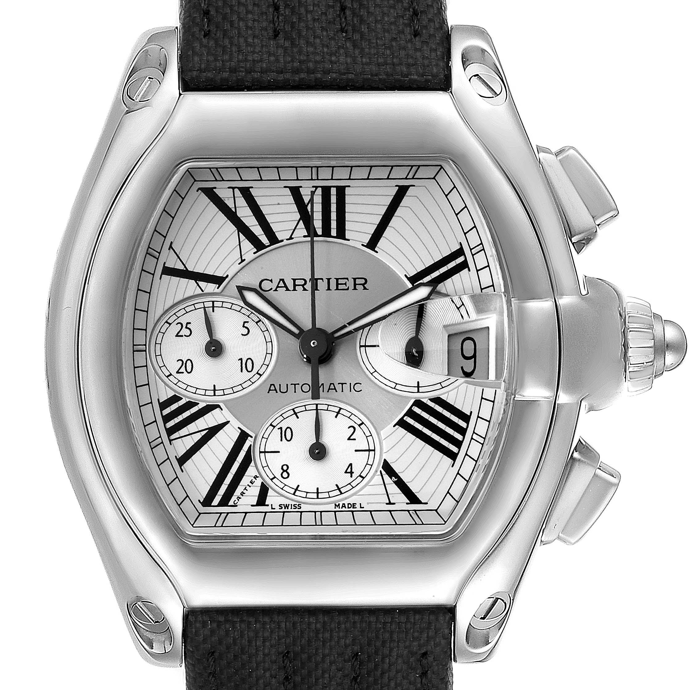 This image shows a close-up, front view of the Cartier Roadster W62019X6 Men
s Stainless Steel Silver Dial W62019X6 Men
s Stainless Steel Silver Dial model watch, displaying its dial, case, crown, and pushers.