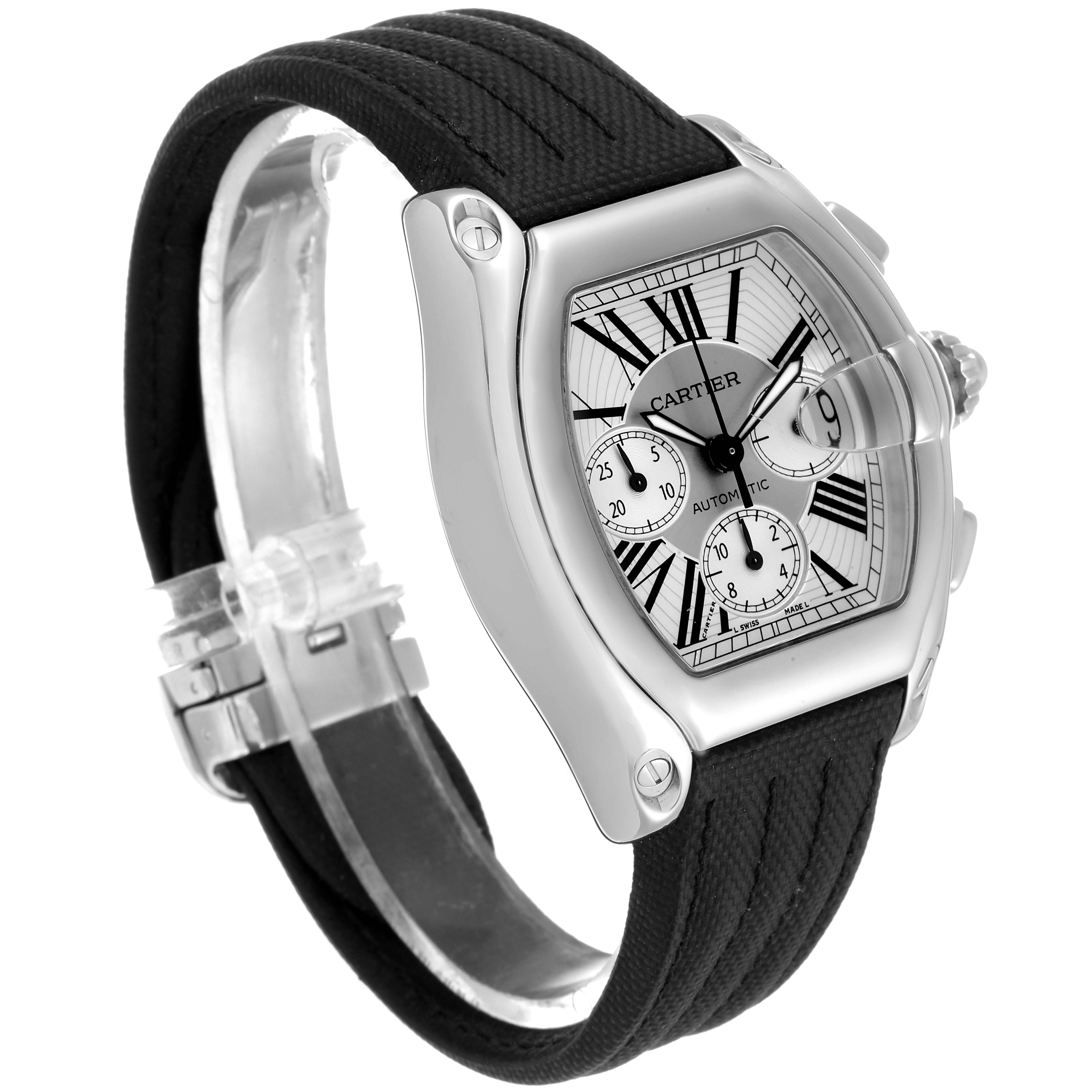 The image shows a Cartier Roadster W62019X6 Men
s Stainless Steel Silver Dial W62019X6 Men
s Stainless Steel Silver Dial watch at a slight angle, displaying its face, case, and black band.