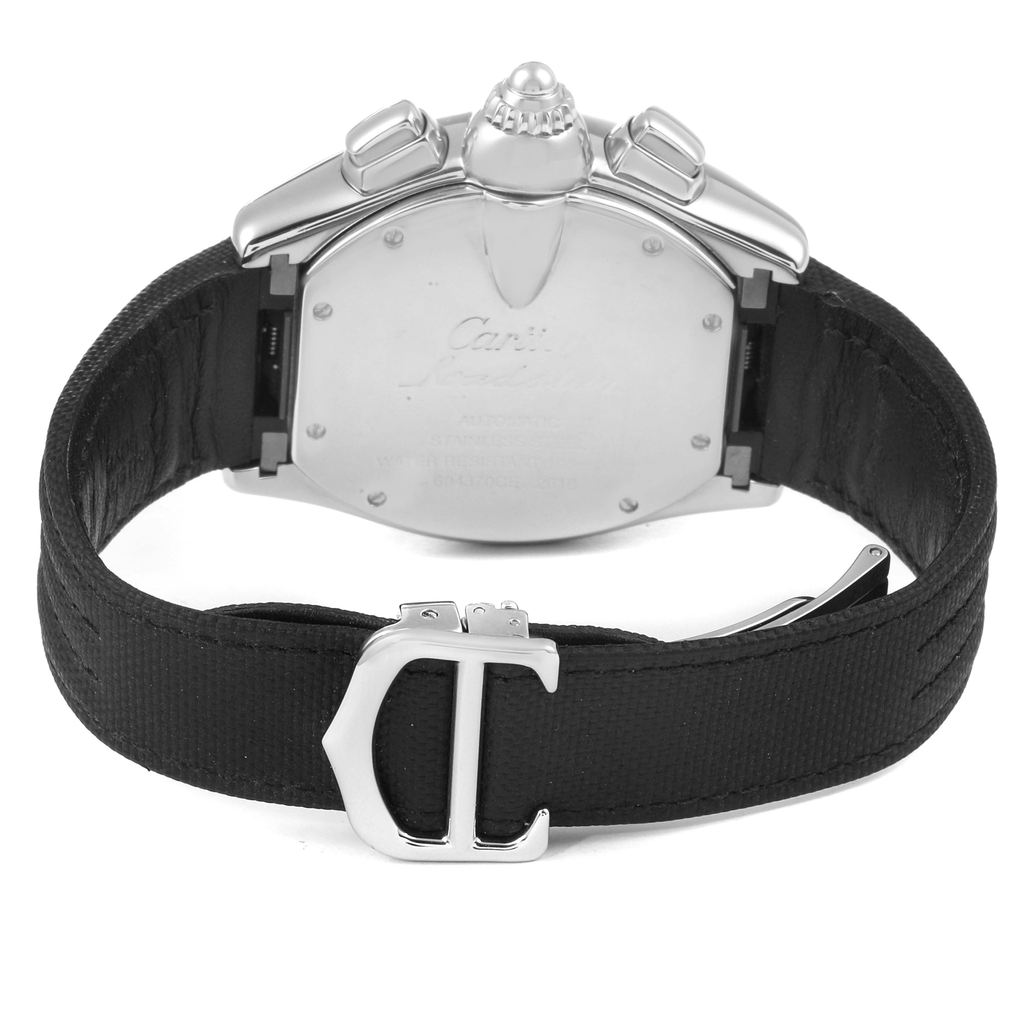 The image shows the back view of a Cartier Roadster W62019X6 Men
s Stainless Steel Silver Dial W62019X6 Men
s Stainless Steel Silver Dial watch, highlighting its clasp and case back.