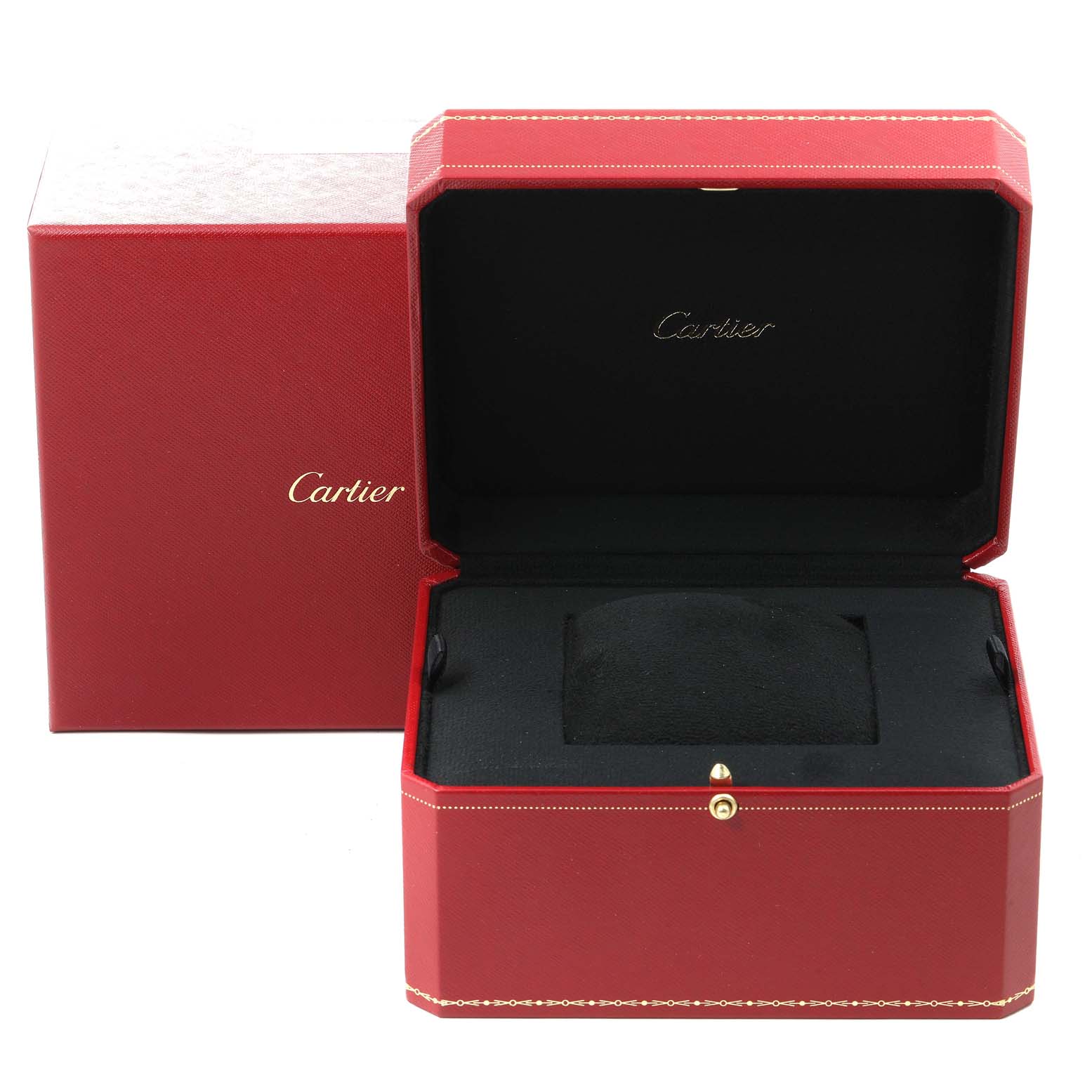This image shows an open, red Cartier box with "Cartier" written inside, likely for a Roadster model watch.