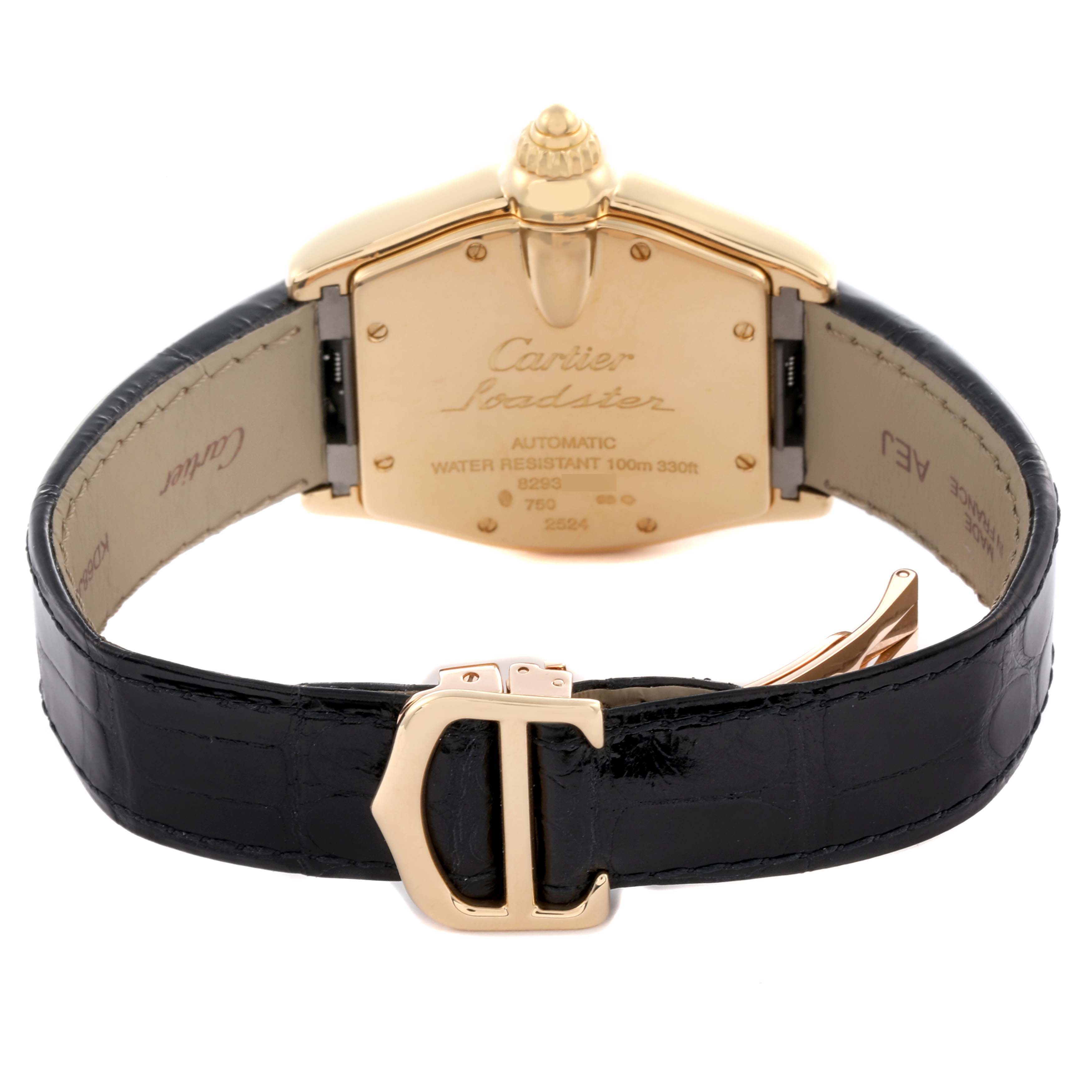 The image shows the back of the Cartier Roadster W62003V2 Men's Yellow Gold Silver Dial W62003V2 Men's Yellow Gold Silver Dial watch, highlighting the clasp, strap, and case back.