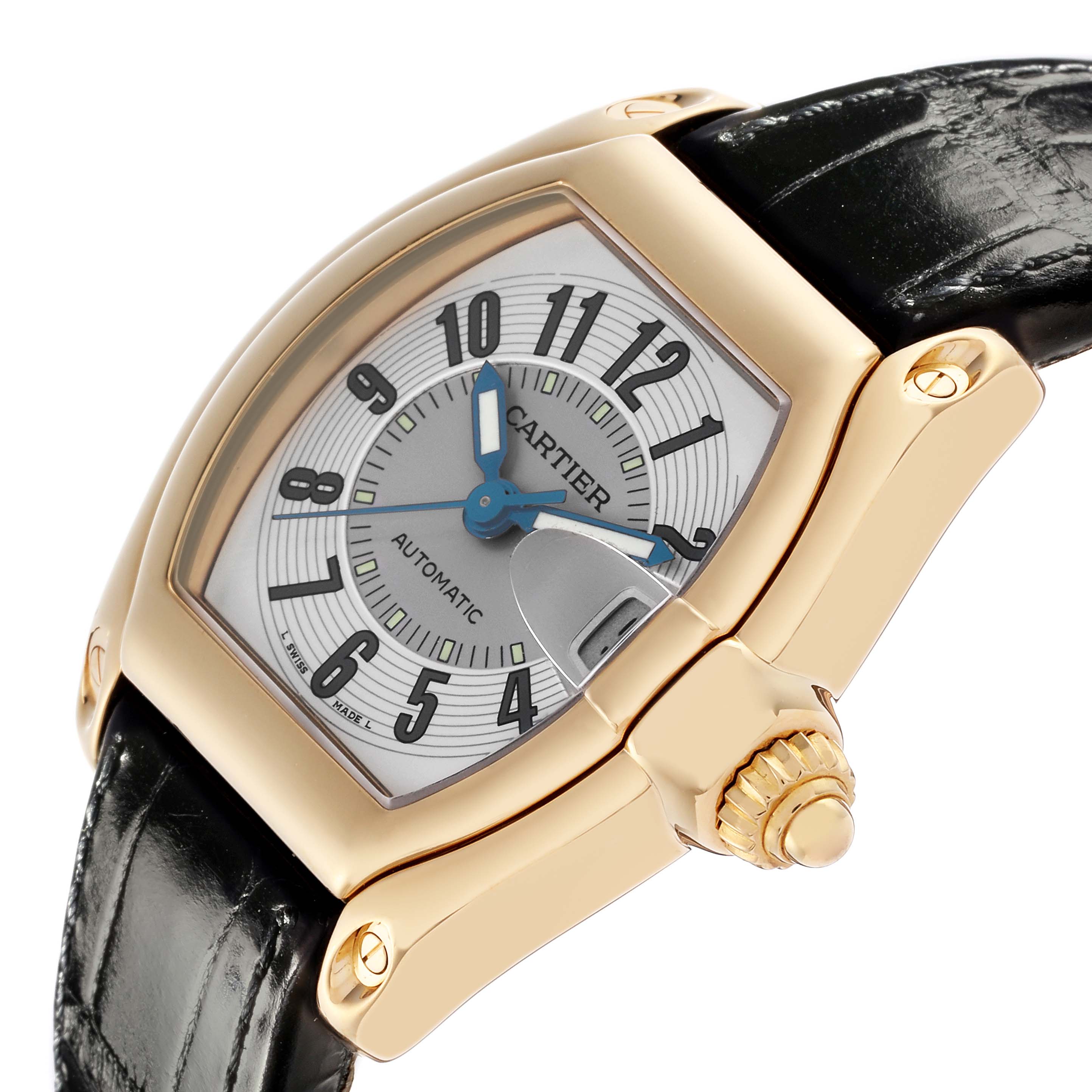The Cartier Roadster W62003V2 Men's Yellow Gold Silver Dial W62003V2 Men's Yellow Gold Silver Dial watch is shown from a three-quarters angle, highlighting the dial, case, crown, and leather strap attachment.