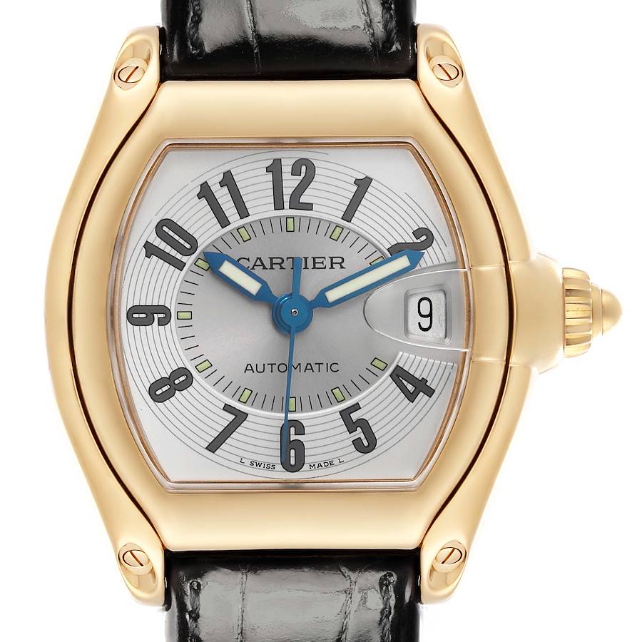 The Cartier Roadster watch is shown from a frontal angle, displaying the dial, case, and crown.