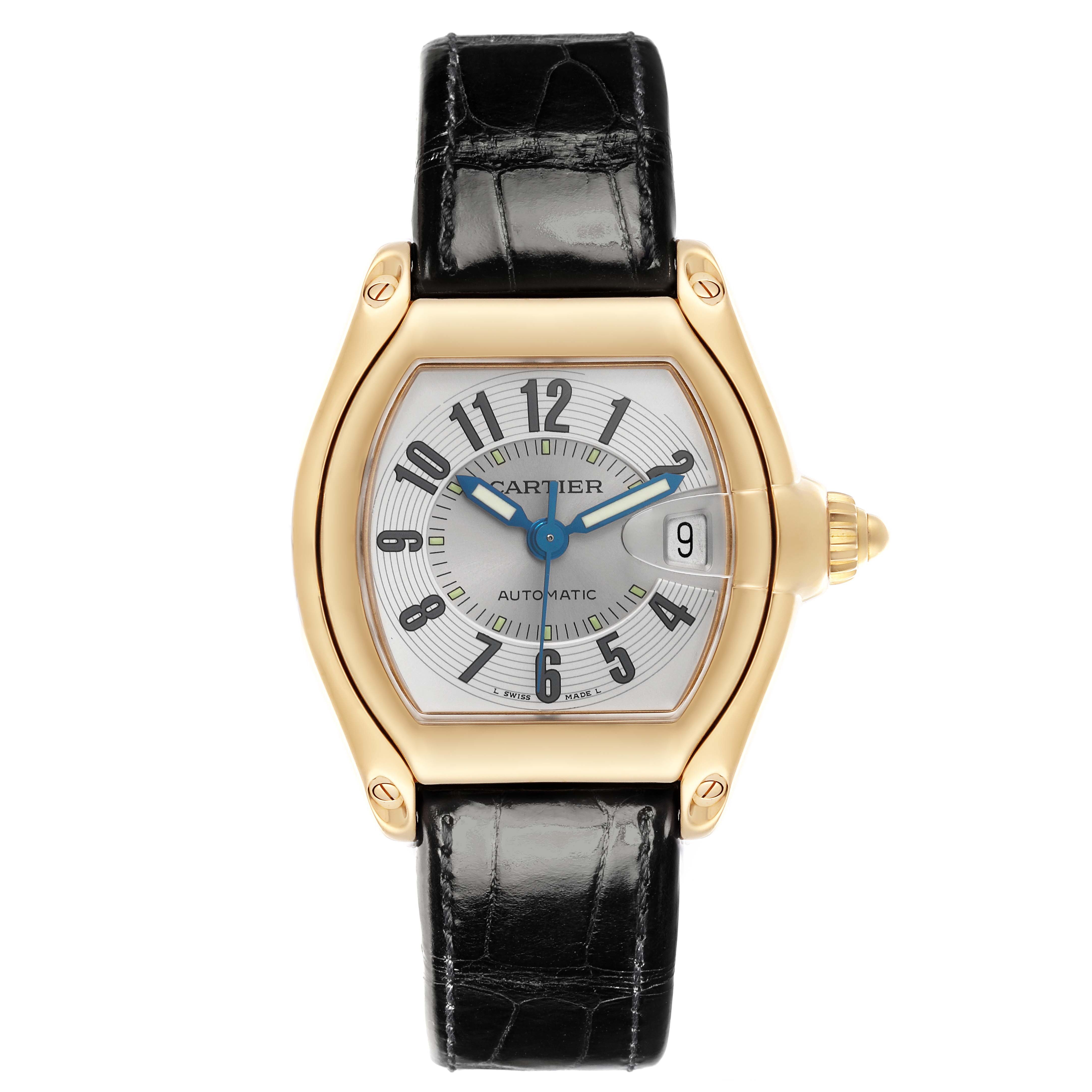 The Cartier Roadster W62003V2 Men's Yellow Gold Silver Dial W62003V2 Men's Yellow Gold Silver Dial watch is shown from the front, displaying its dial, case, and black leather strap.