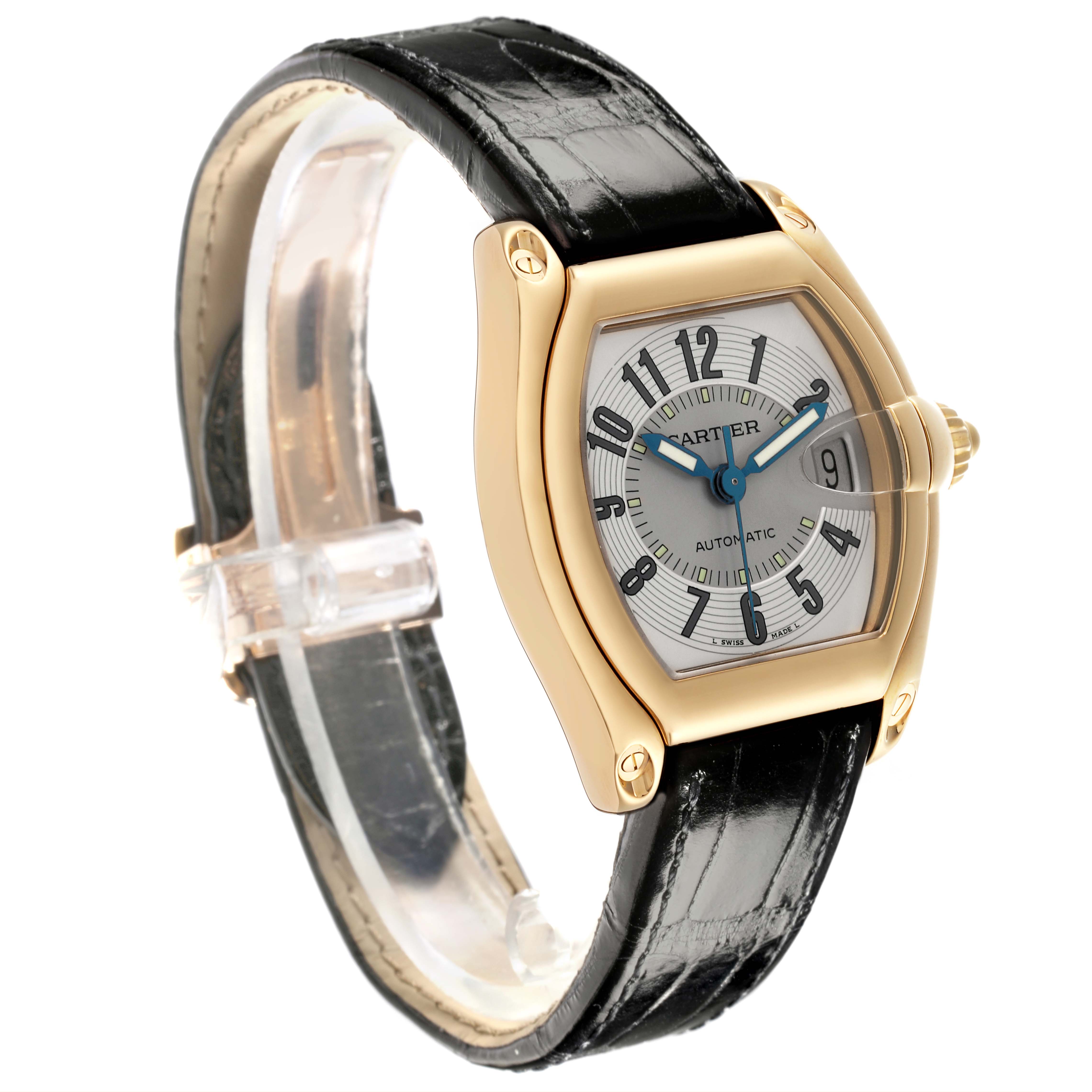 The Cartier Roadster W62003V2 Men's Yellow Gold Silver Dial W62003V2 Men's Yellow Gold Silver Dial watch is shown at a slight side angle, highlighting the dial, crown, and black leather strap.