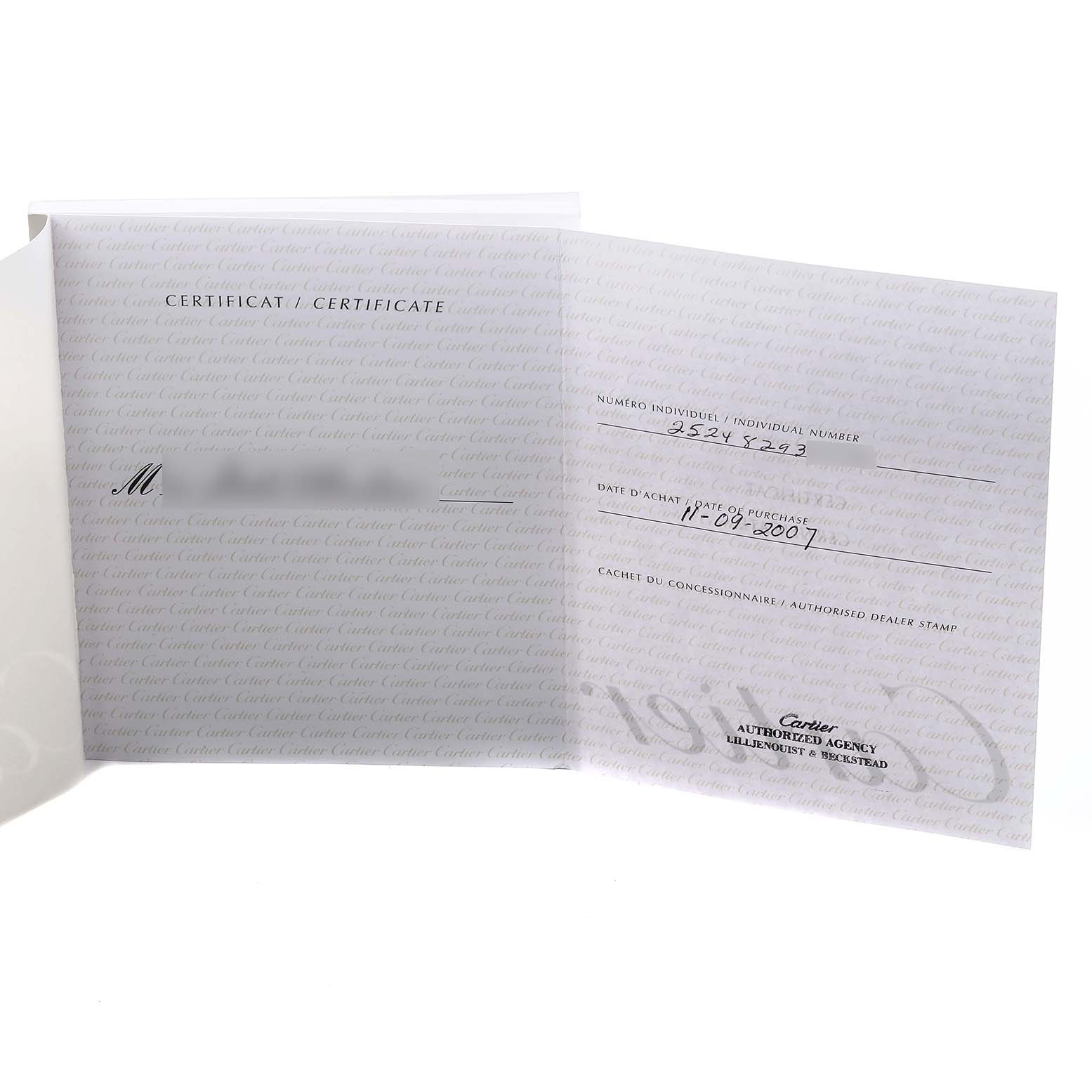 The image shows an open certificate booklet for the Cartier Roadster W62003V2 Men's Yellow Gold Silver Dial W62003V2 Men's Yellow Gold Silver Dial watch, detailing purchase information.
