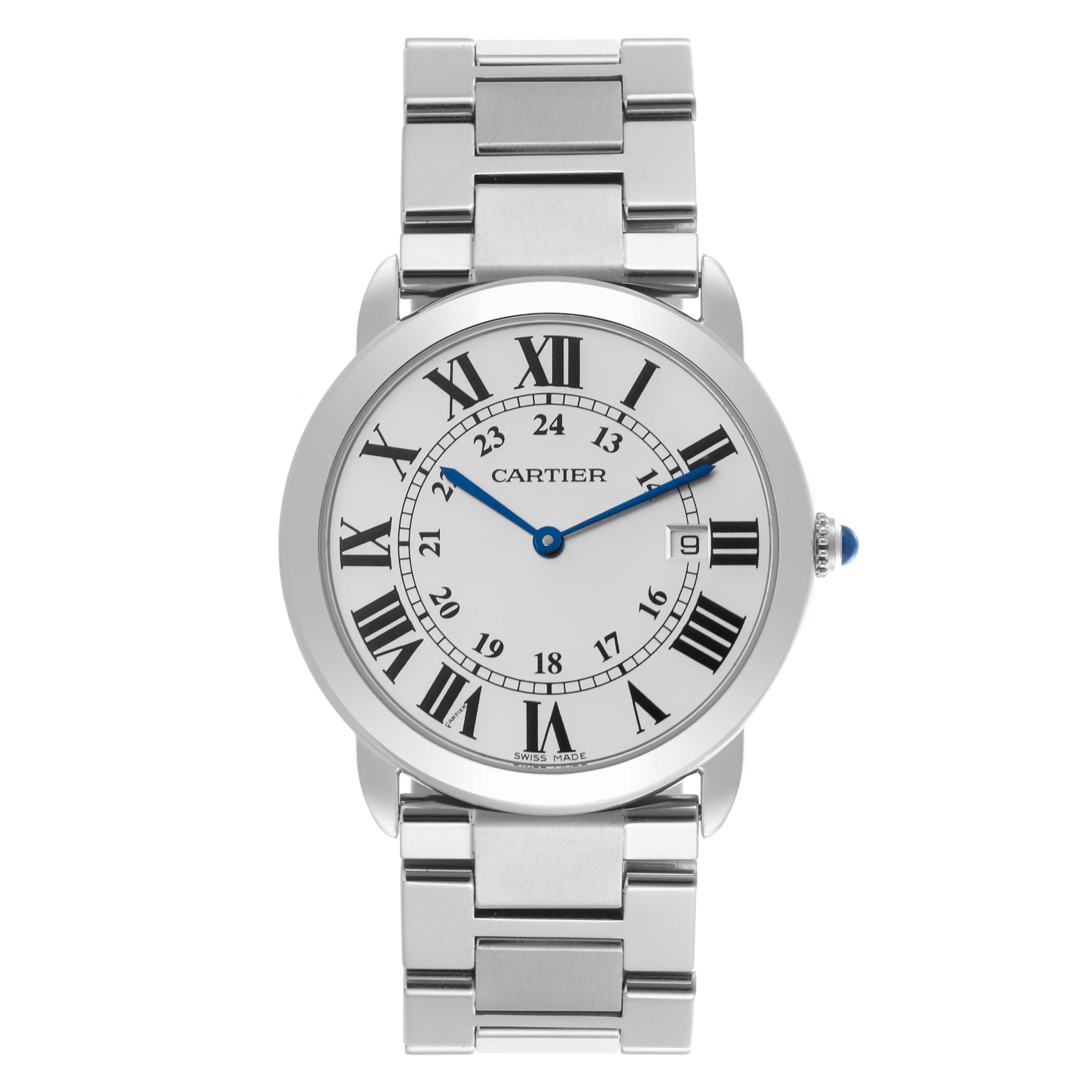 The Cartier Ronde W6701005 Men
s Stainless Steel Silver Dial W6701005 Men
s Stainless Steel Silver Dial watch is shown from the front, displaying its face, Roman numerals, and metal strap.