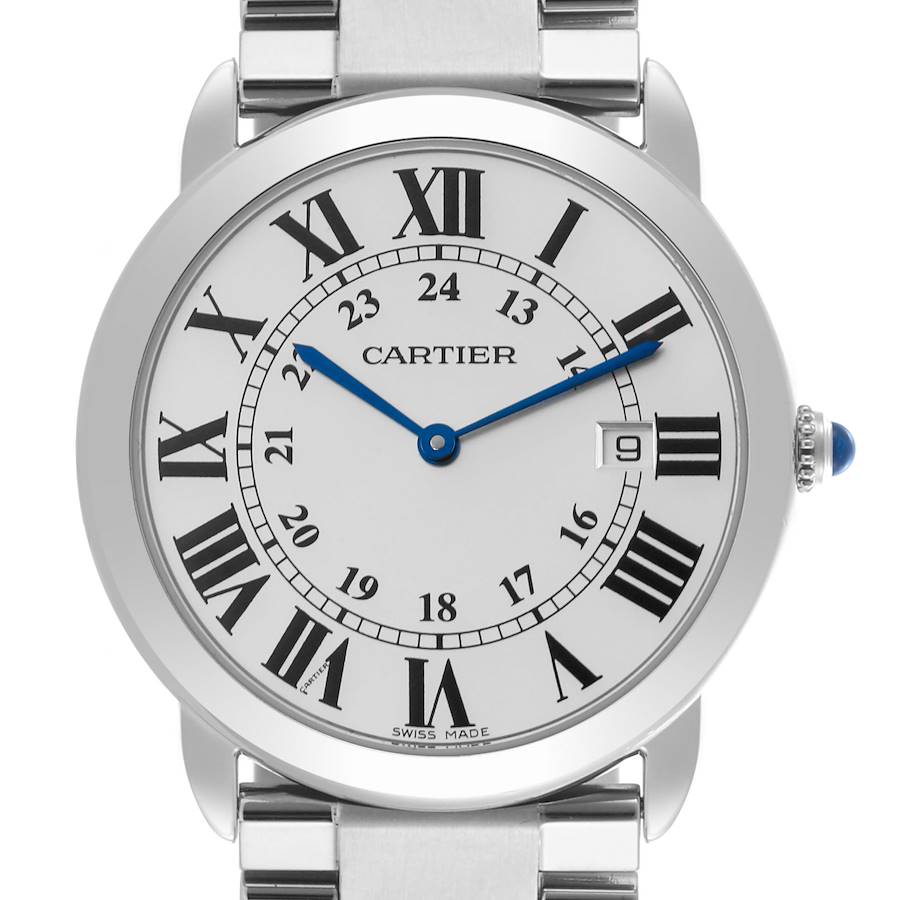 The image shows a Cartier Ronde watch from a front angle, displaying its dial, Roman numerals, blue hands, and stainless steel bracelet.