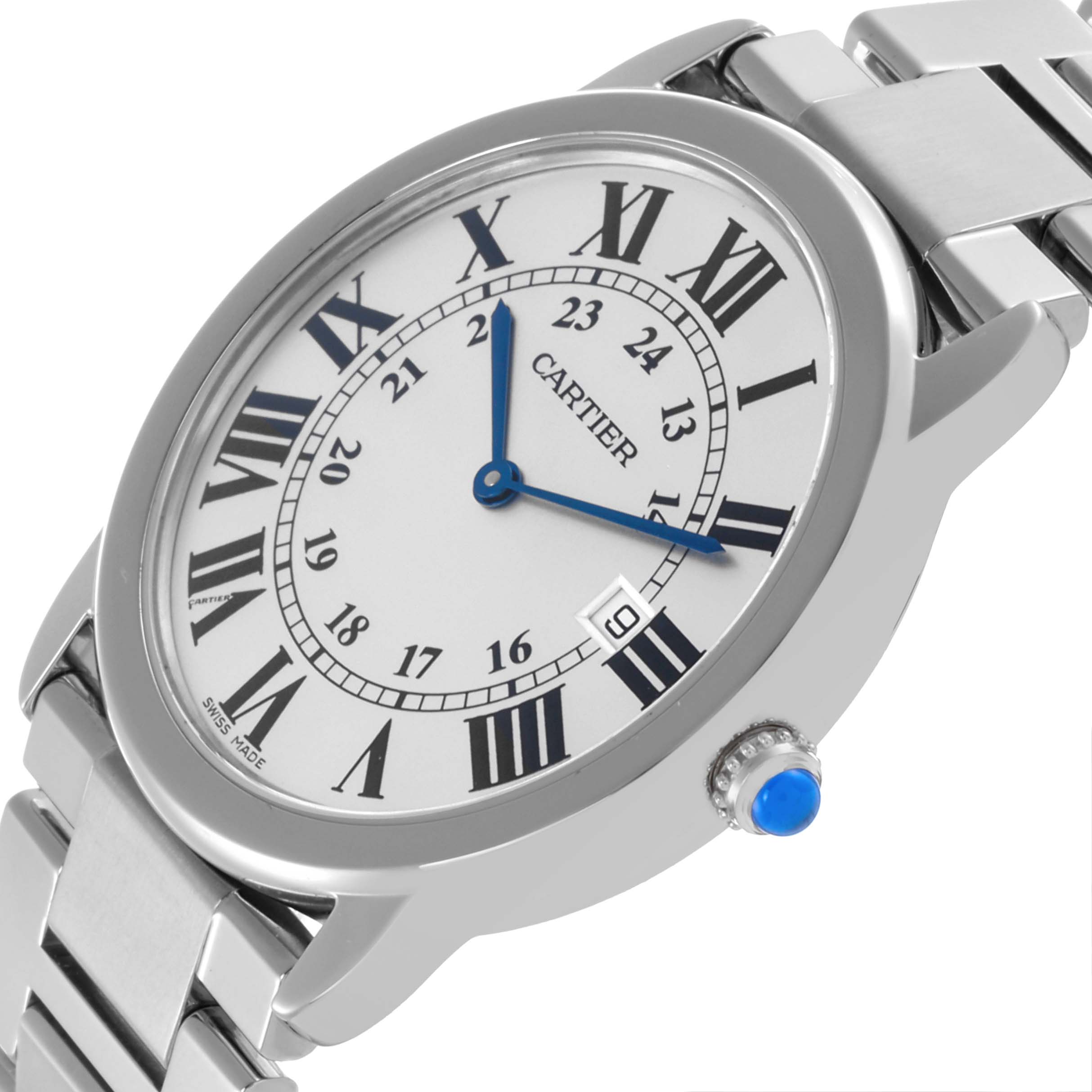 The Cartier Ronde W6701005 Men
s Stainless Steel Silver Dial W6701005 Men
s Stainless Steel Silver Dial watch is shown at a slight angle displaying the face, blue steel hands, Roman numerals, and the bracelet.