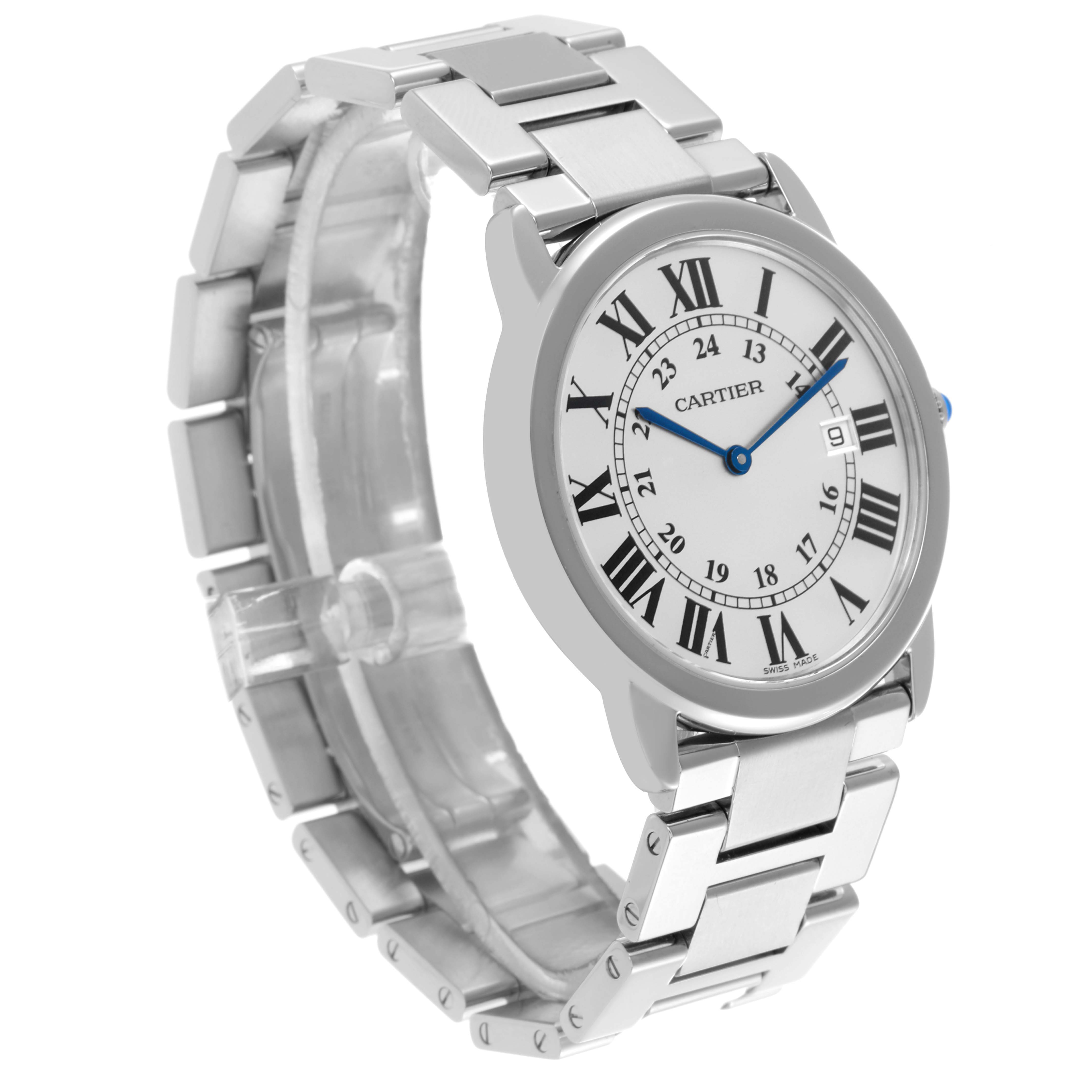 The Cartier Ronde W6701005 Men
s Stainless Steel Silver Dial W6701005 Men
s Stainless Steel Silver Dial watch is shown at a three-quarter angle, highlighting its face, Roman numerals, and stainless steel bracelet.