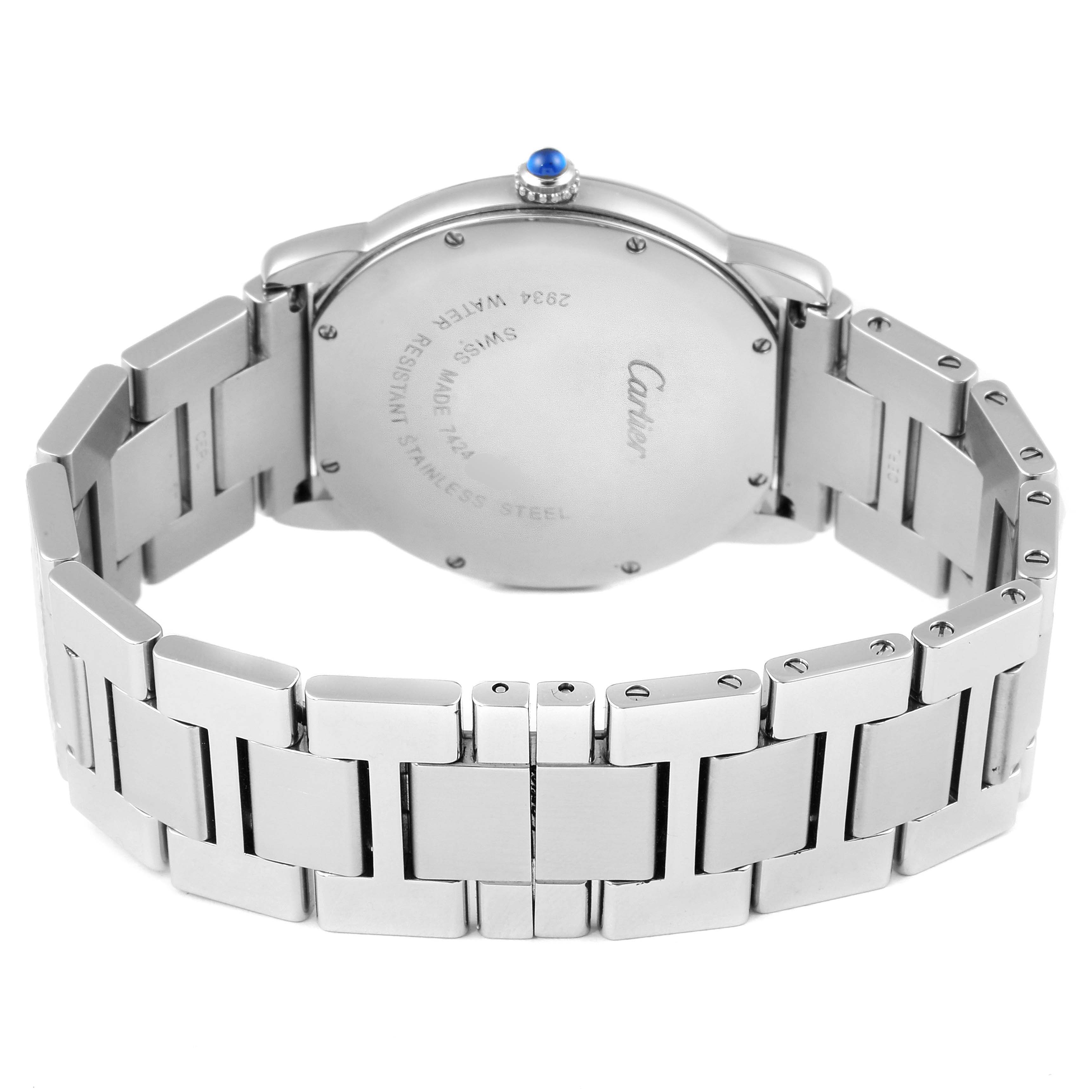 This image shows the back of the Ronde model watch by Cartier, displaying the stainless steel bracelet and case back.