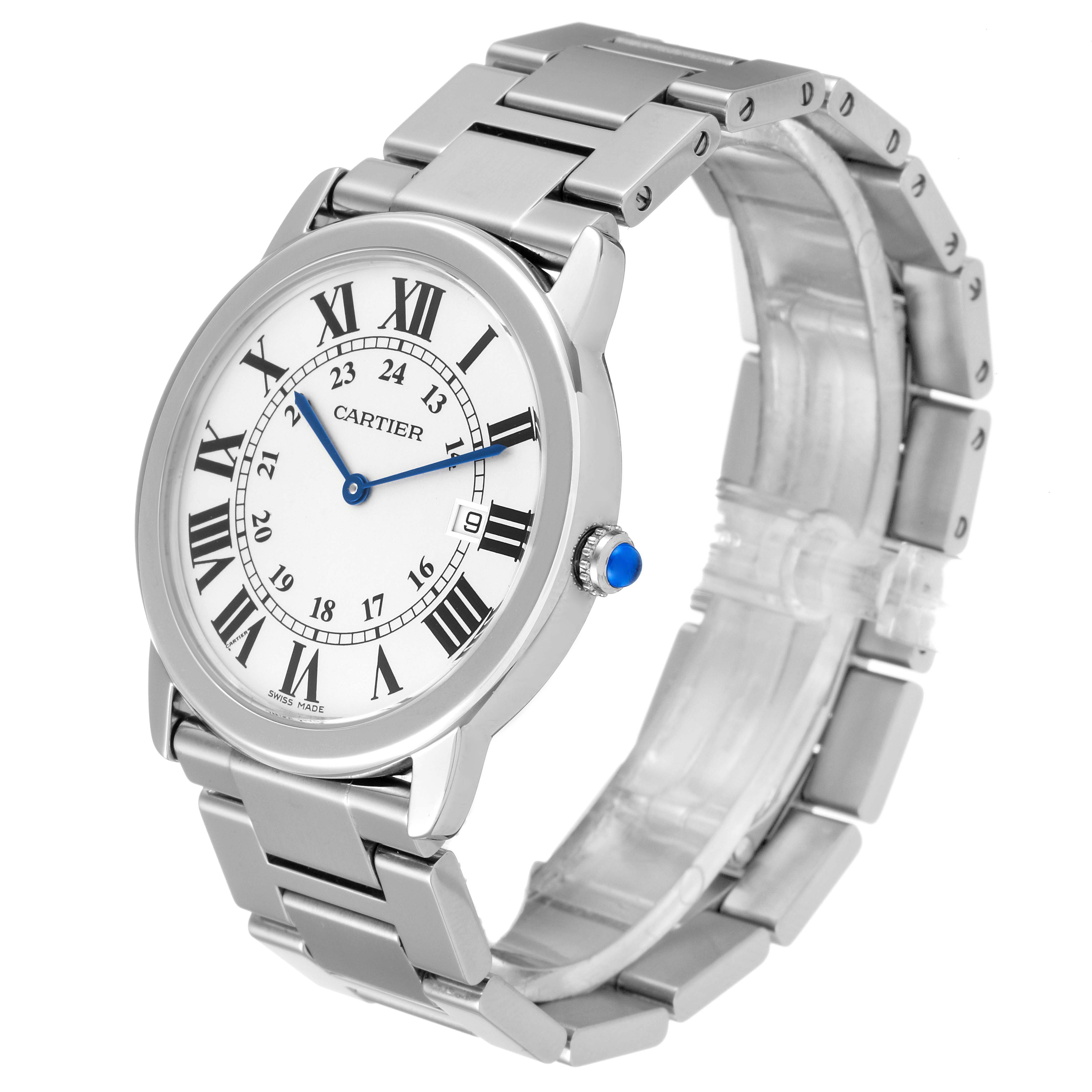 The Cartier Ronde W6701005 Men
s Stainless Steel Silver Dial W6701005 Men
s Stainless Steel Silver Dial watch is shown at a three-quarter angle, highlighting its face, bracelet, and crown.