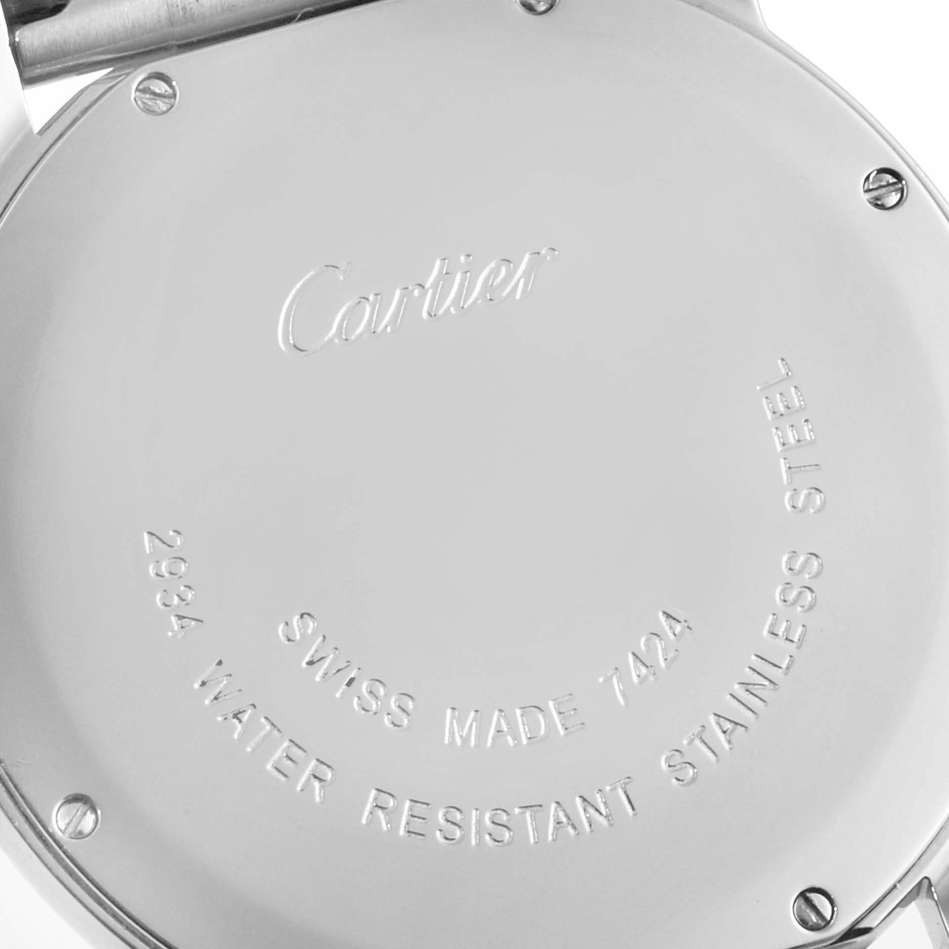 This image shows the engraved case back of a Cartier Ronde W6701005 Men
s Stainless Steel Silver Dial W6701005 Men
s Stainless Steel Silver Dial watch, highlighting details like "Swiss Made" and water resistance.