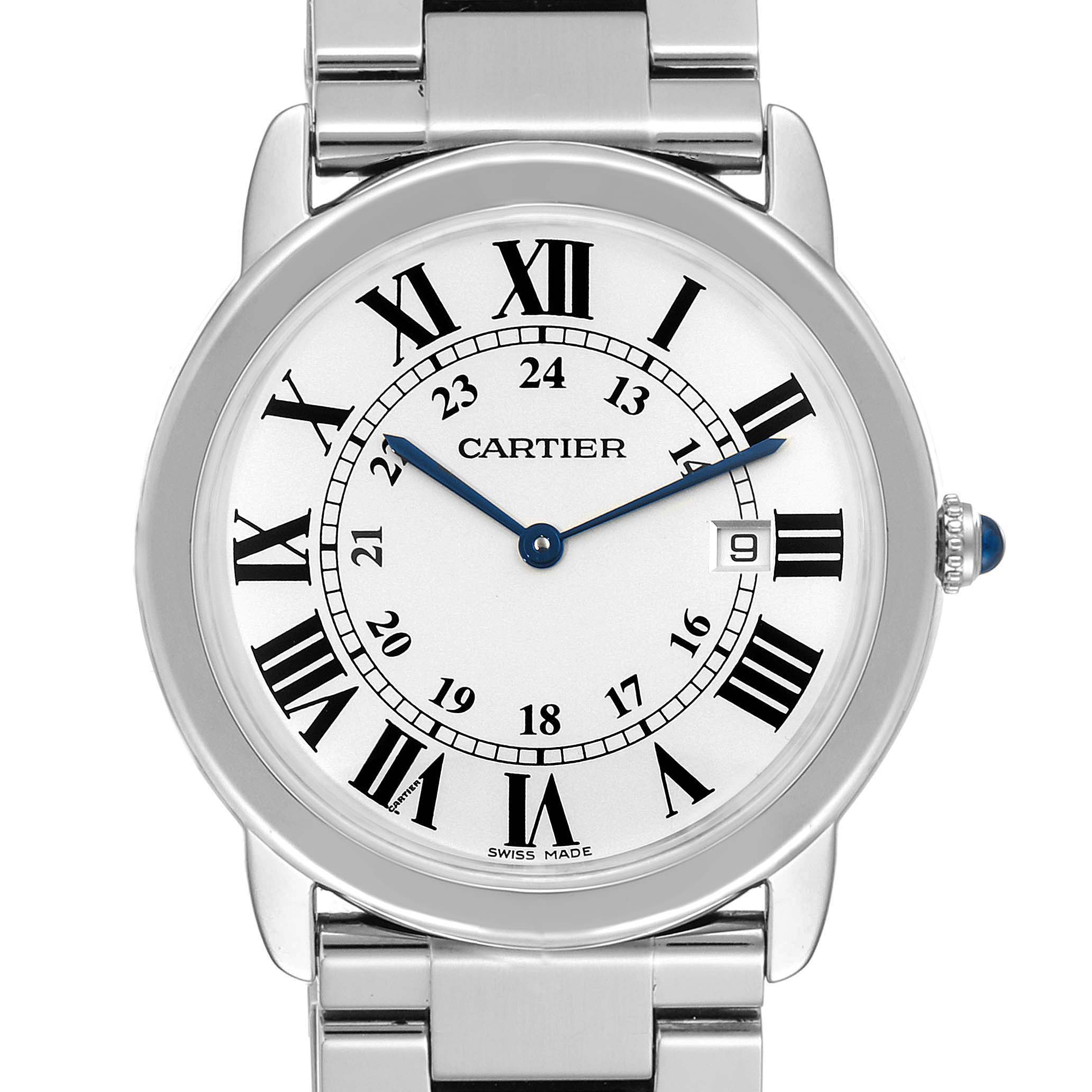 The image shows a front view of a Cartier Ronde W6701005 Men
s Stainless Steel Silver Dial W6701005 Men
s Stainless Steel Silver Dial model watch, displaying the face, hands, and part of the metal bracelet.