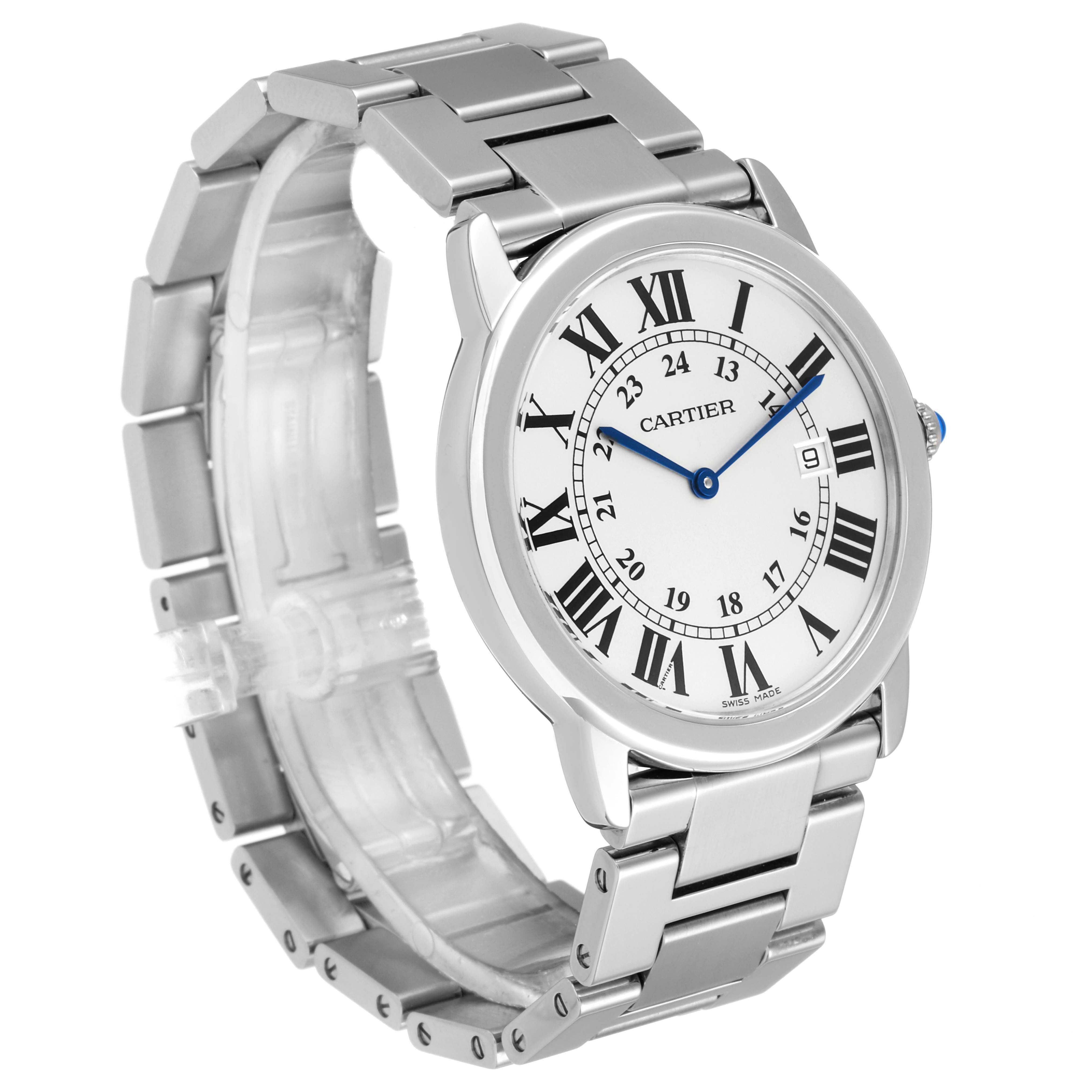 The Ronde model by Cartier is shown at a slight angle, highlighting the watch face, bezel, bracelet, and crown.