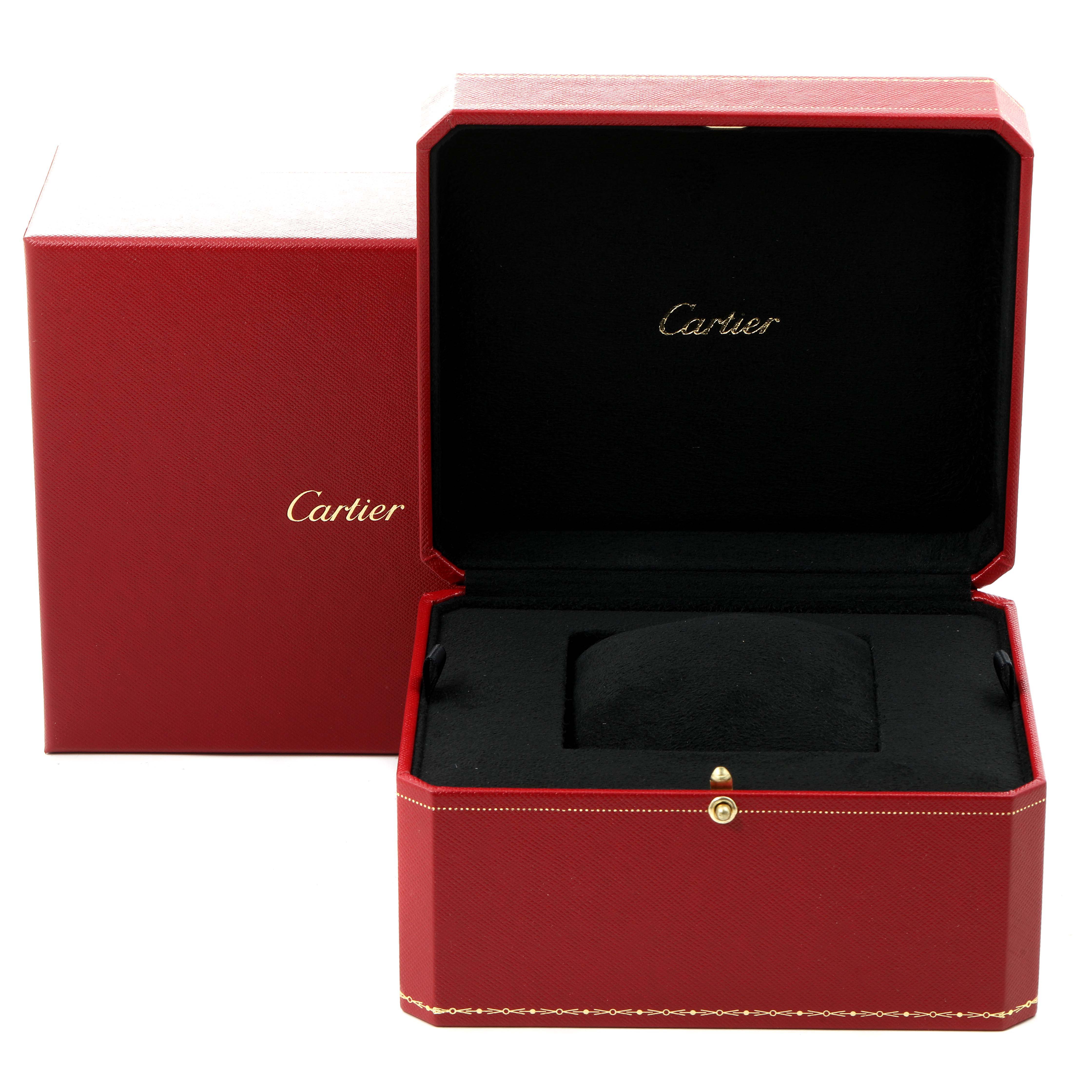 The image shows an open red Cartier box for the Ronde model watch, featuring the logo inside the lid.