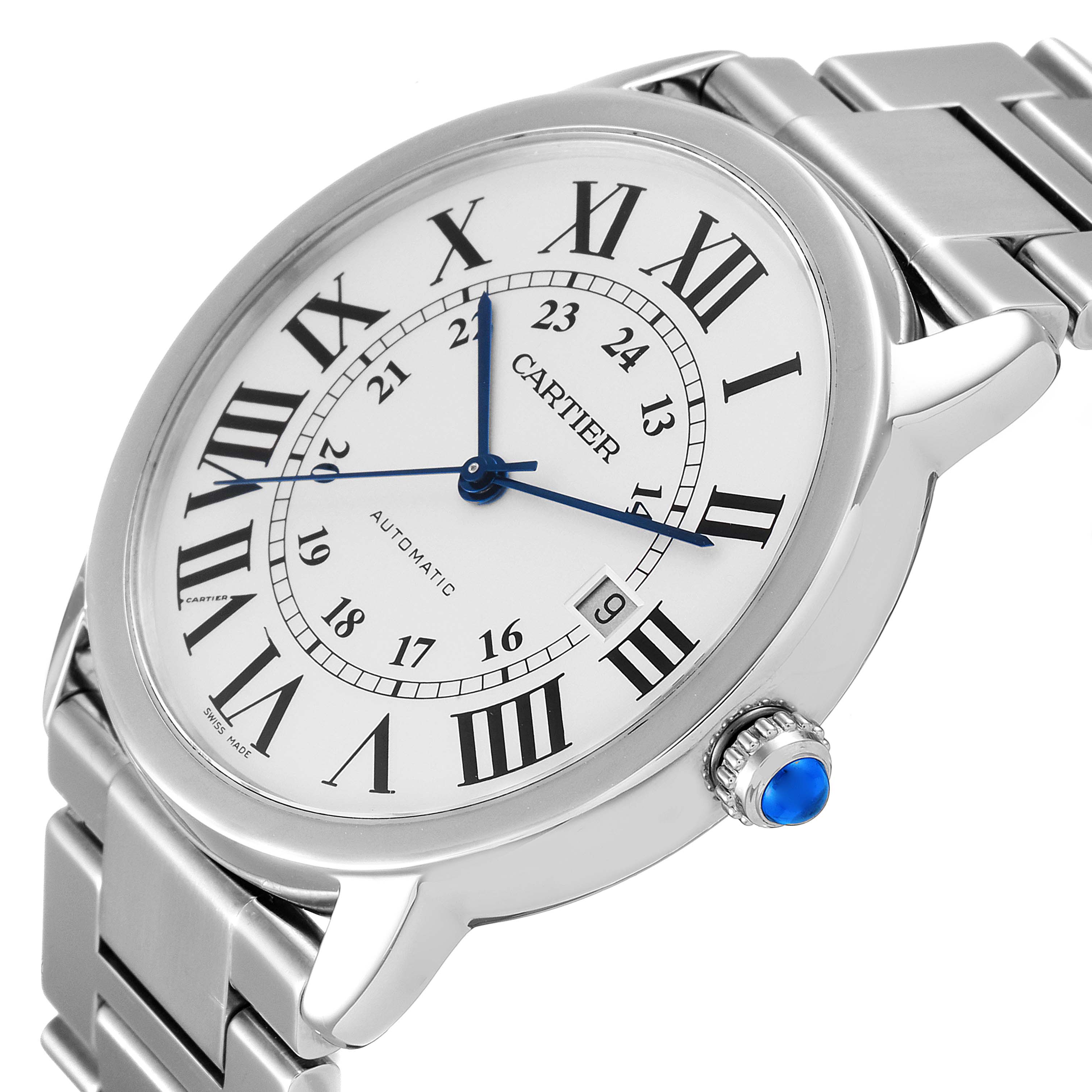 The image shows a Cartier Ronde W6701011 Men
s Stainless Steel Silver Dial W6701011 Men
s Stainless Steel Silver Dial watch angled to display the face, bezel, crown with blue gem, and part of the metal bracelet.