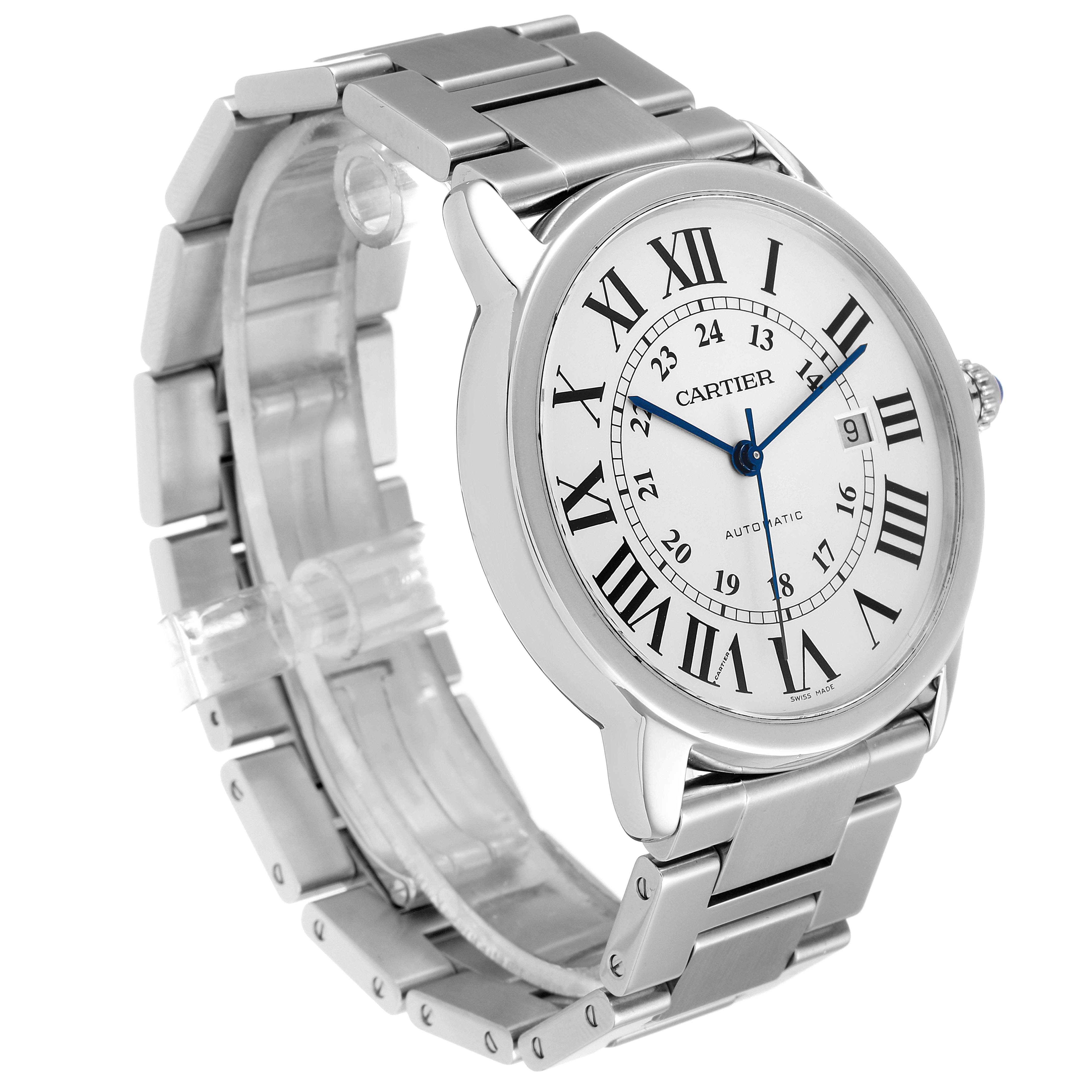 The image shows a Cartier Ronde W6701011 Men
s Stainless Steel Silver Dial W6701011 Men
s Stainless Steel Silver Dial watch at an oblique angle, displaying the face, bracelet, and side view.