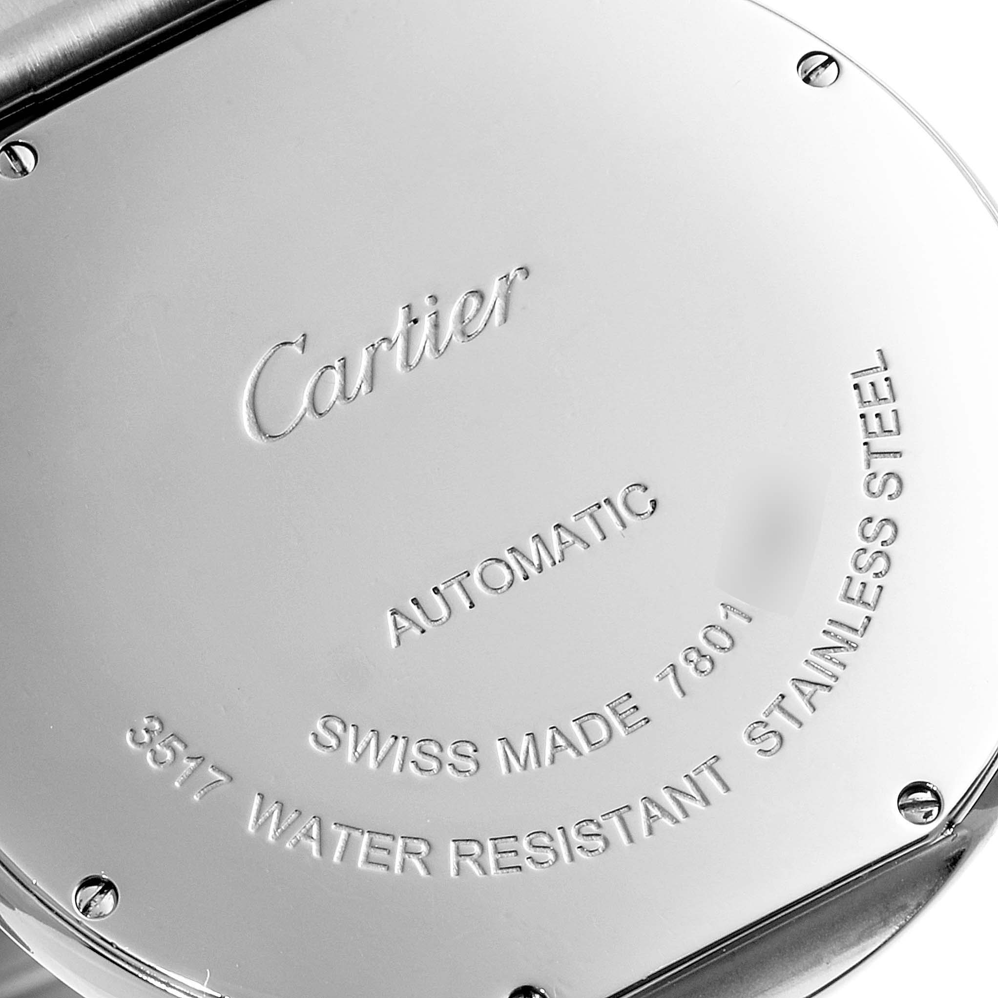 The image shows the back case of a Cartier Ronde W6701011 Men
s Stainless Steel Silver Dial W6701011 Men
s Stainless Steel Silver Dial watch, featuring engraved details about its specifications.