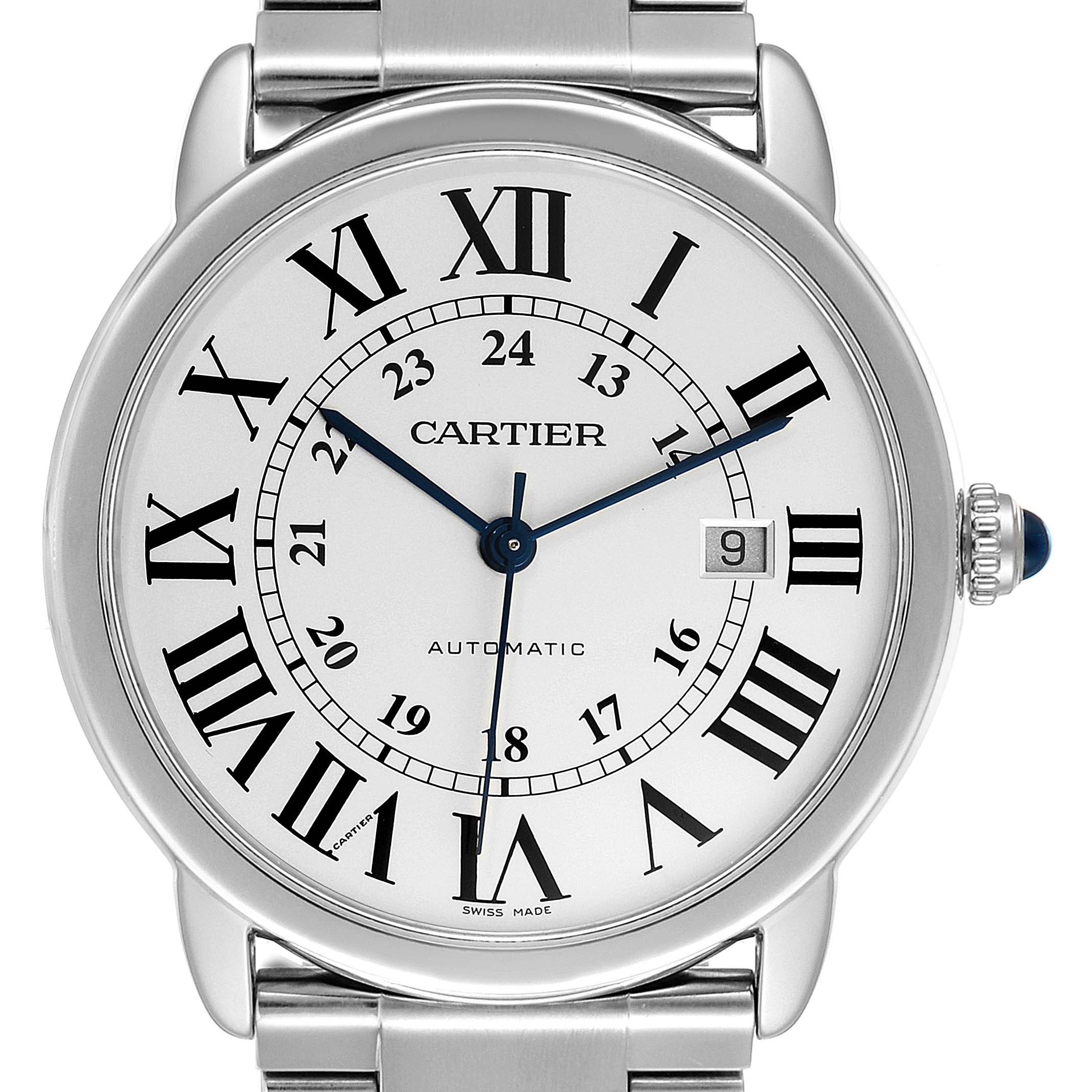 The image shows a front view of a Cartier Ronde W6701011 Men
s Stainless Steel Silver Dial W6701011 Men
s Stainless Steel Silver Dial model watch, highlighting the face, numerals, hands, and part of the stainless steel bracelet.
