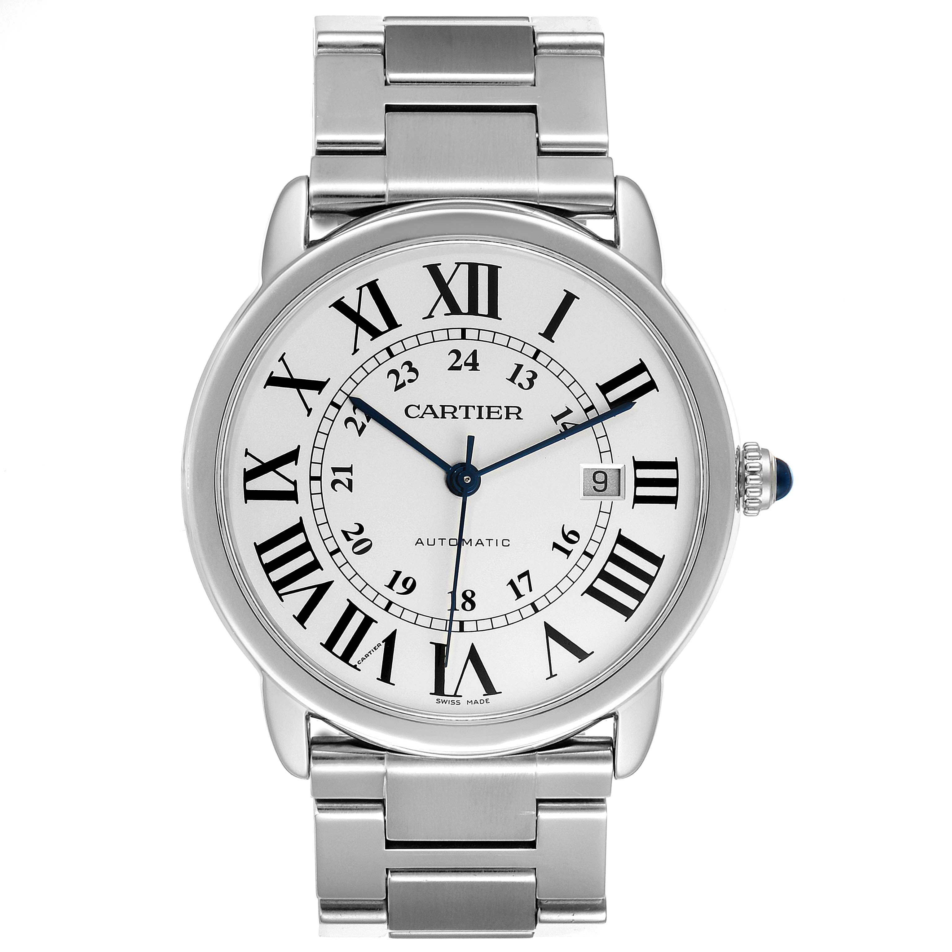 The image shows a front view of a Cartier Ronde W6701011 Men
s Stainless Steel Silver Dial W6701011 Men
s Stainless Steel Silver Dial watch, displaying the face, Roman numerals, and a metal bracelet.