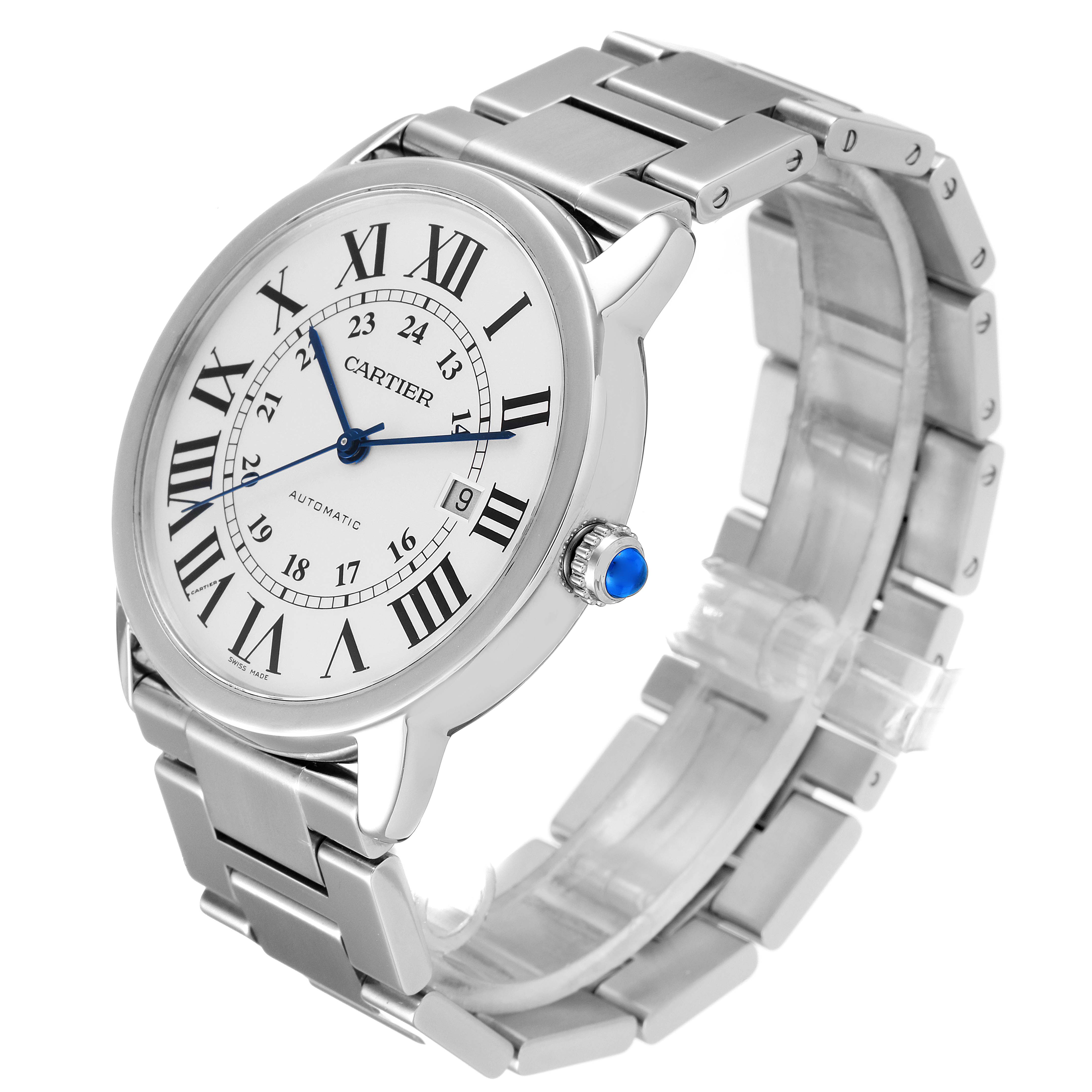 This image shows a Cartier Ronde W6701011 Men
s Stainless Steel Silver Dial W6701011 Men
s Stainless Steel Silver Dial watch at a 3/4 angle, highlighting the face, bezel, and bracelet.