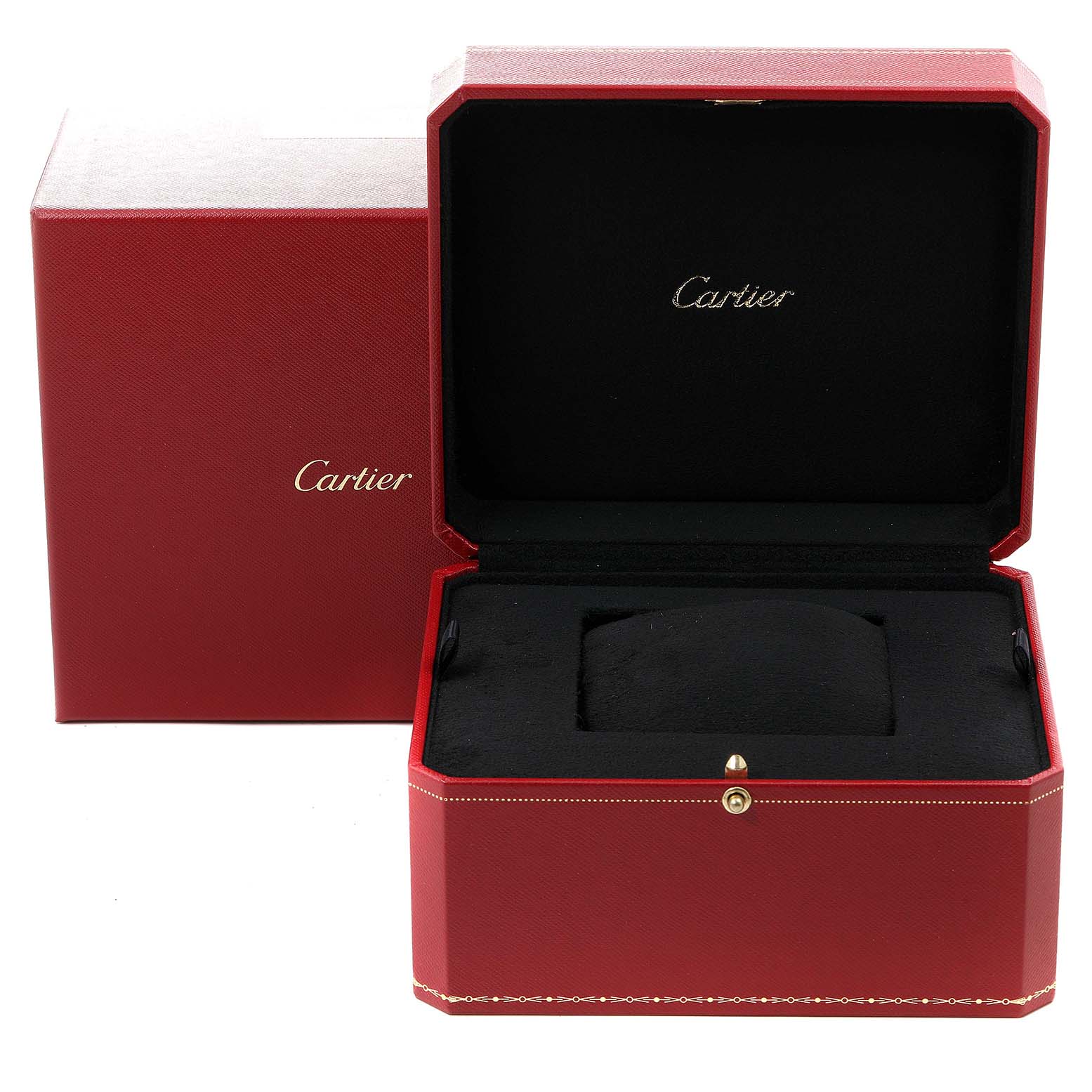 This image shows an open, empty Cartier Santos W20073X8 Men's Stainless Steel Silver Dial W20073X8 Men's Stainless Steel Silver Dial watch box and its red outer packaging.