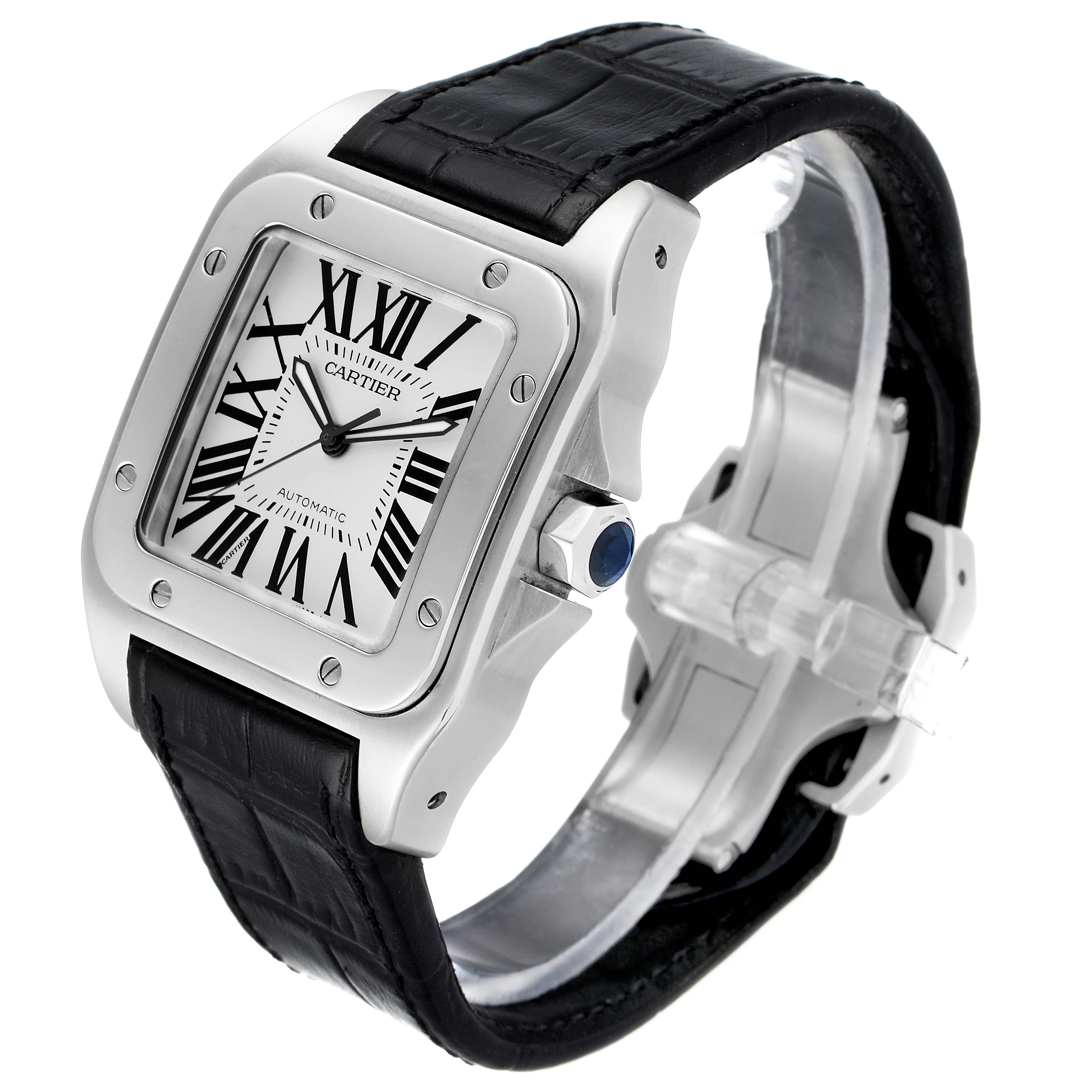 Cartier Santos 100 Silver Dial Black Strap Steel Mens Watch W20073x8 Swisswatchexpo 8225