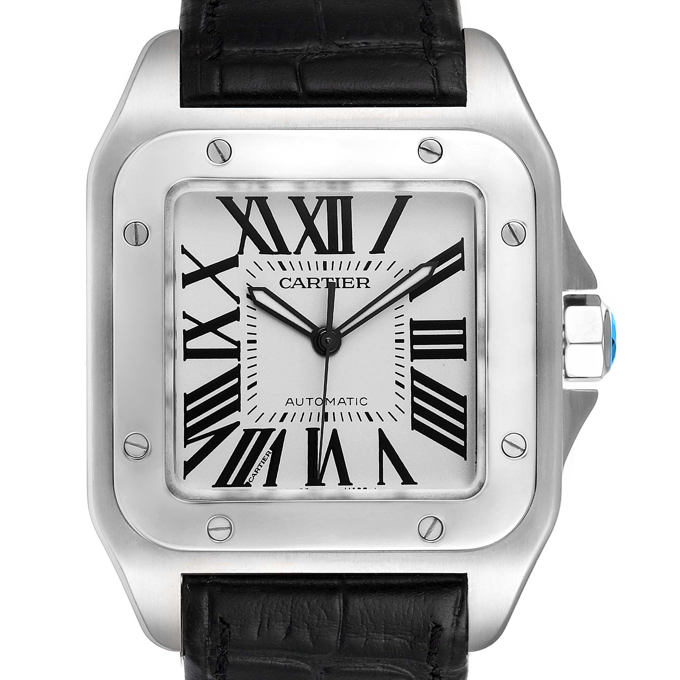 The image shows a front view of the Cartier Santos W20073X8 Men's Stainless Steel Silver Dial W20073X8 Men's Stainless Steel Silver Dial watch displaying the face, bezel, and part of the leather strap.