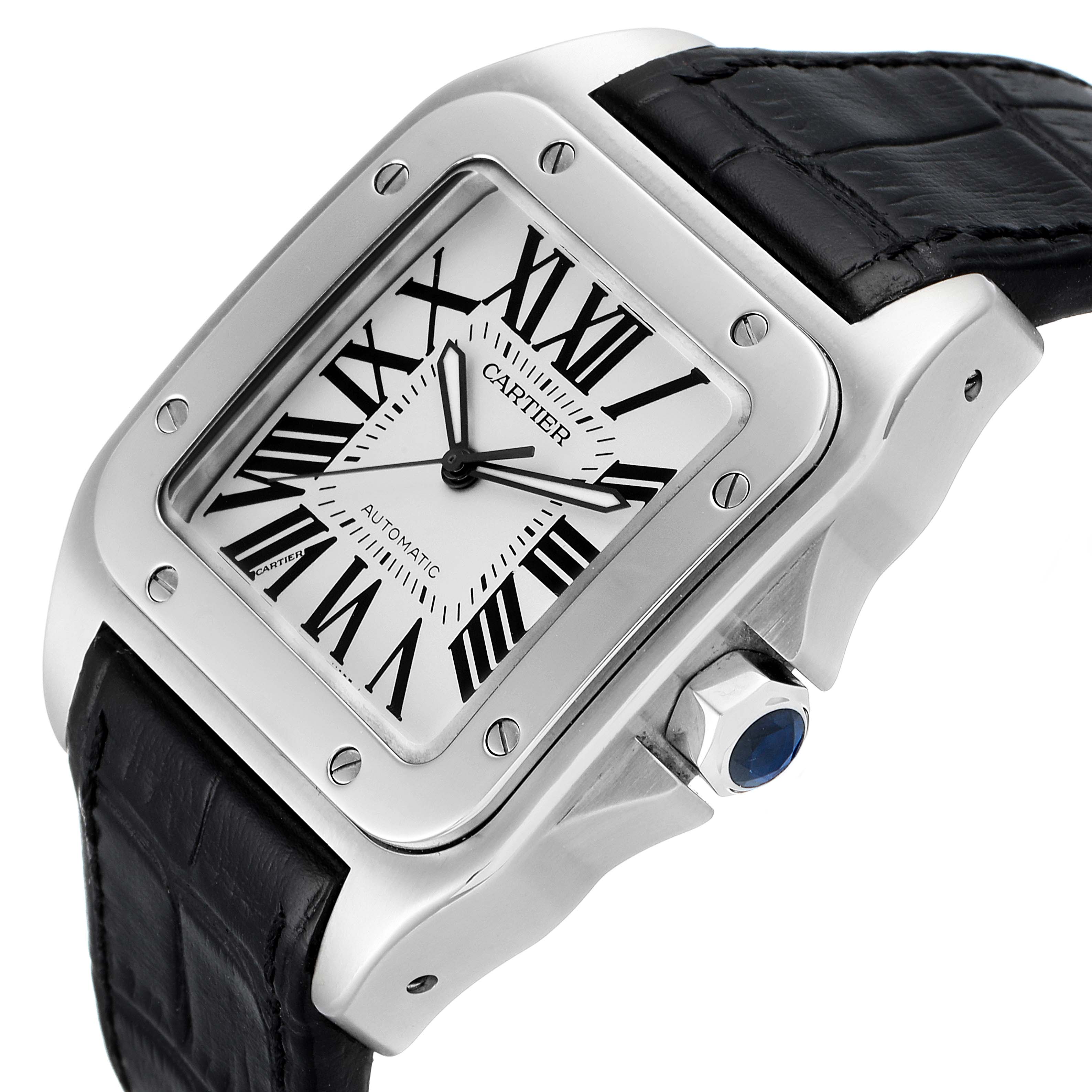 The Cartier Santos W20073X8 Men's Stainless Steel Silver Dial W20073X8 Men's Stainless Steel Silver Dial watch is shown from an angled view, highlighting the face, bezel, crown, and leather strap.