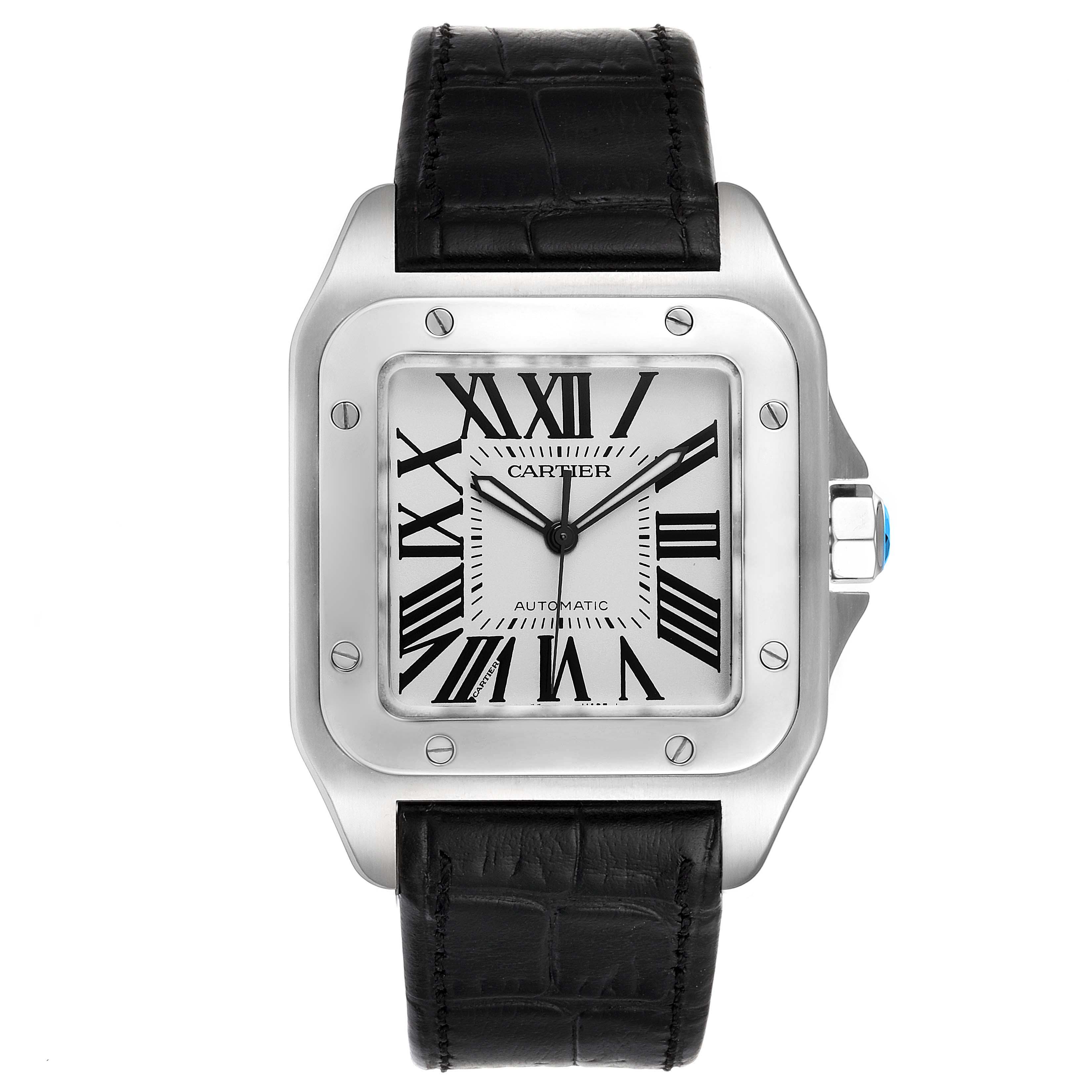 The image shows a front view of the Cartier Santos W20073X8 Men's Stainless Steel Silver Dial W20073X8 Men's Stainless Steel Silver Dial watch with a black leather strap.