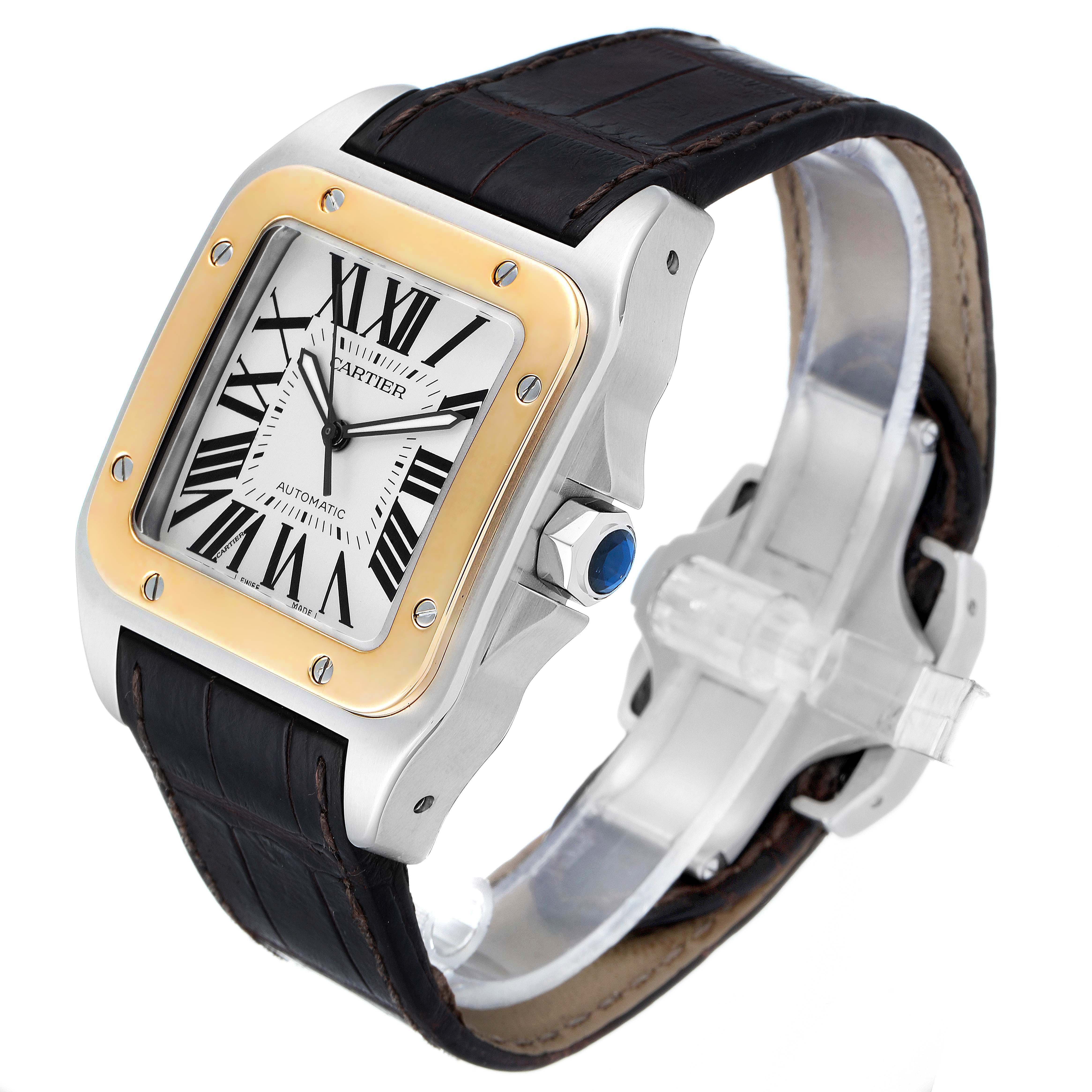The Santos de Cartier watch is shown at a three-quarter angle, displaying its face, bezel, crown, and leather strap.