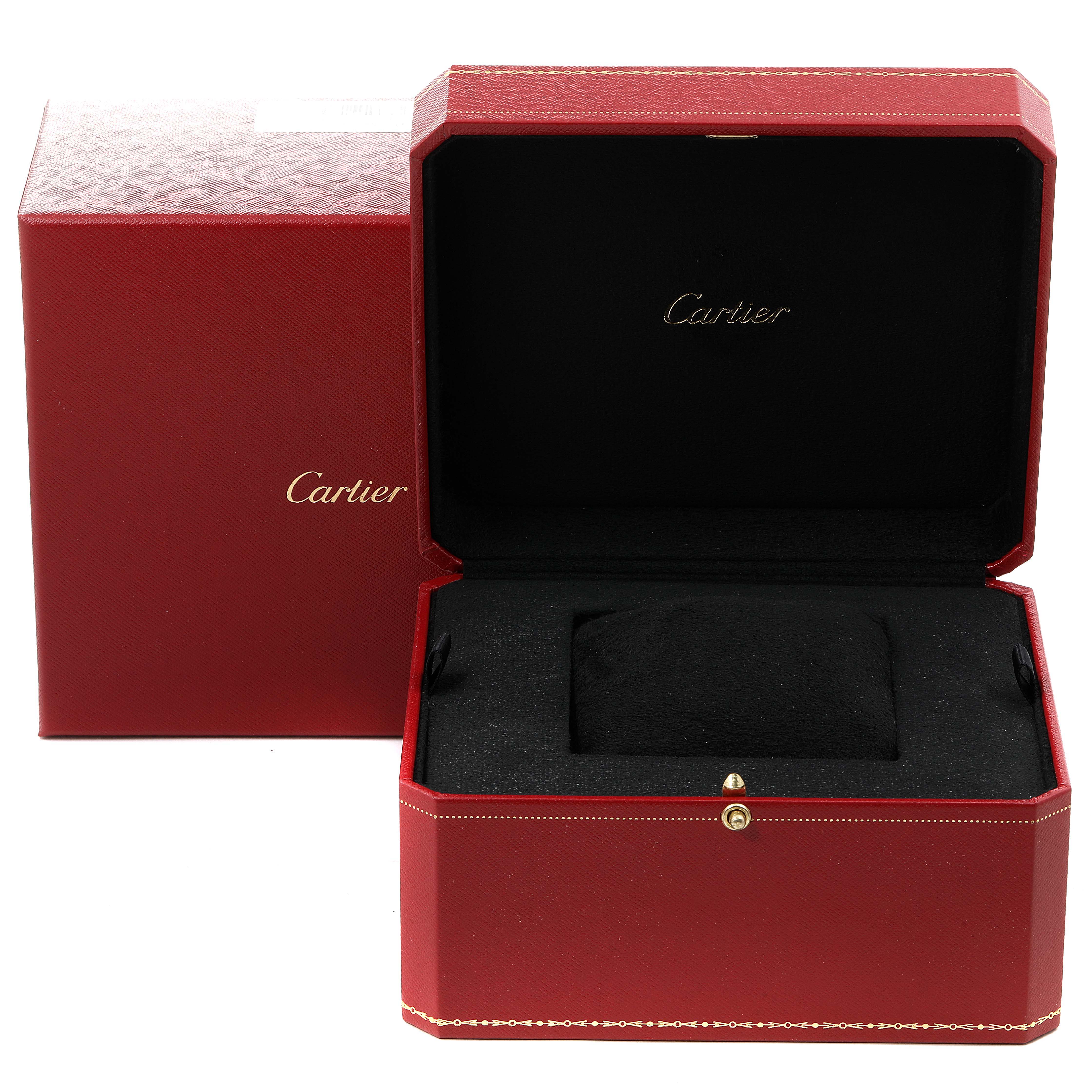 The image shows the open red watch box for a Santos model by Cartier, with a cushion inside.