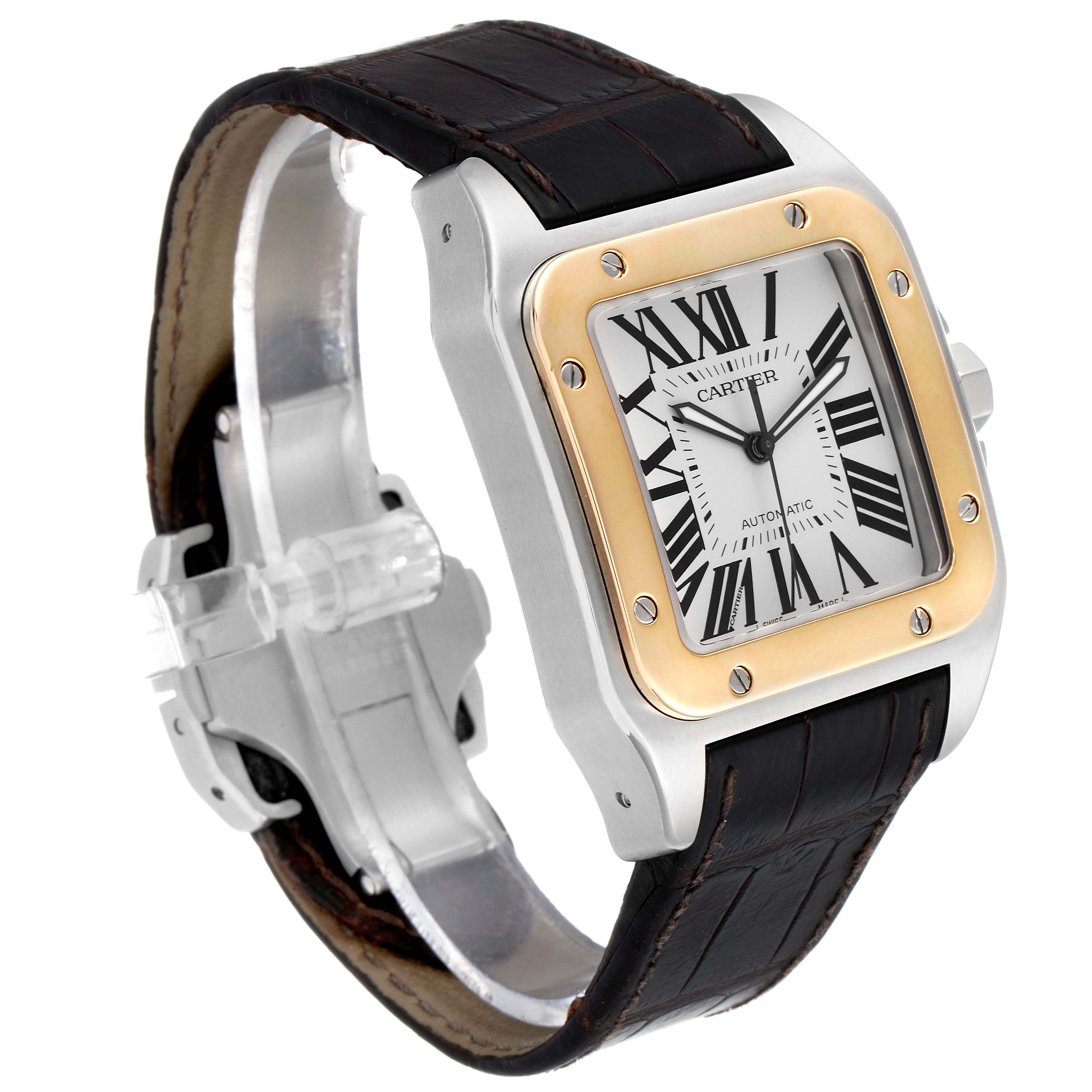 The watch is a Cartier Santos W20072X7 Men's Steel and Gold (two tone) Silver Dial W20072X7 Men's Steel and Gold (two tone) Silver Dial model shown from an angled view highlighting the face, bezel, and partially the leather strap.