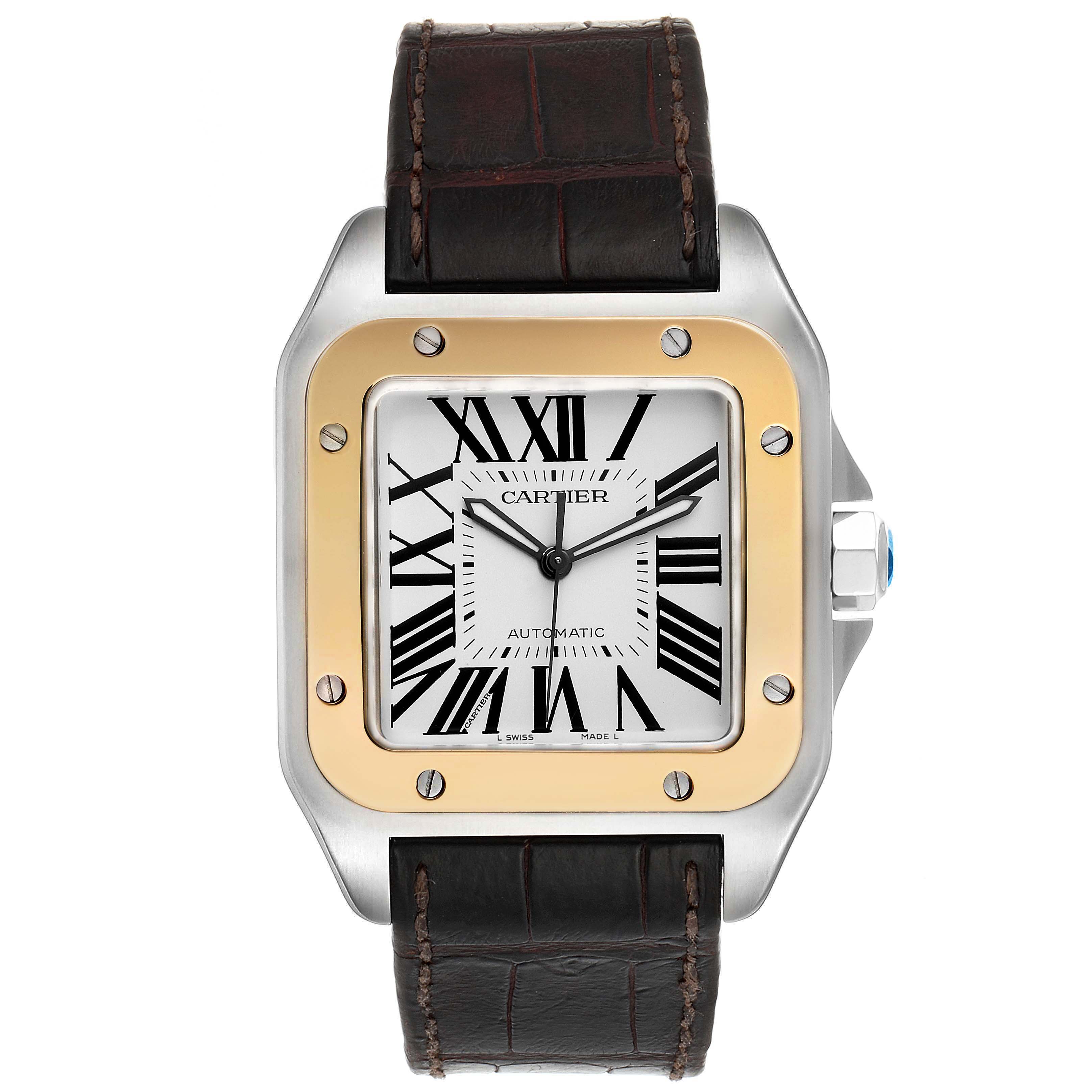 This image shows a front view of a Cartier Santos W20072X7 Men's Steel and Gold (two tone) Silver Dial W20072X7 Men's Steel and Gold (two tone) Silver Dial watch with a silver and gold bezel and a black leather strap.