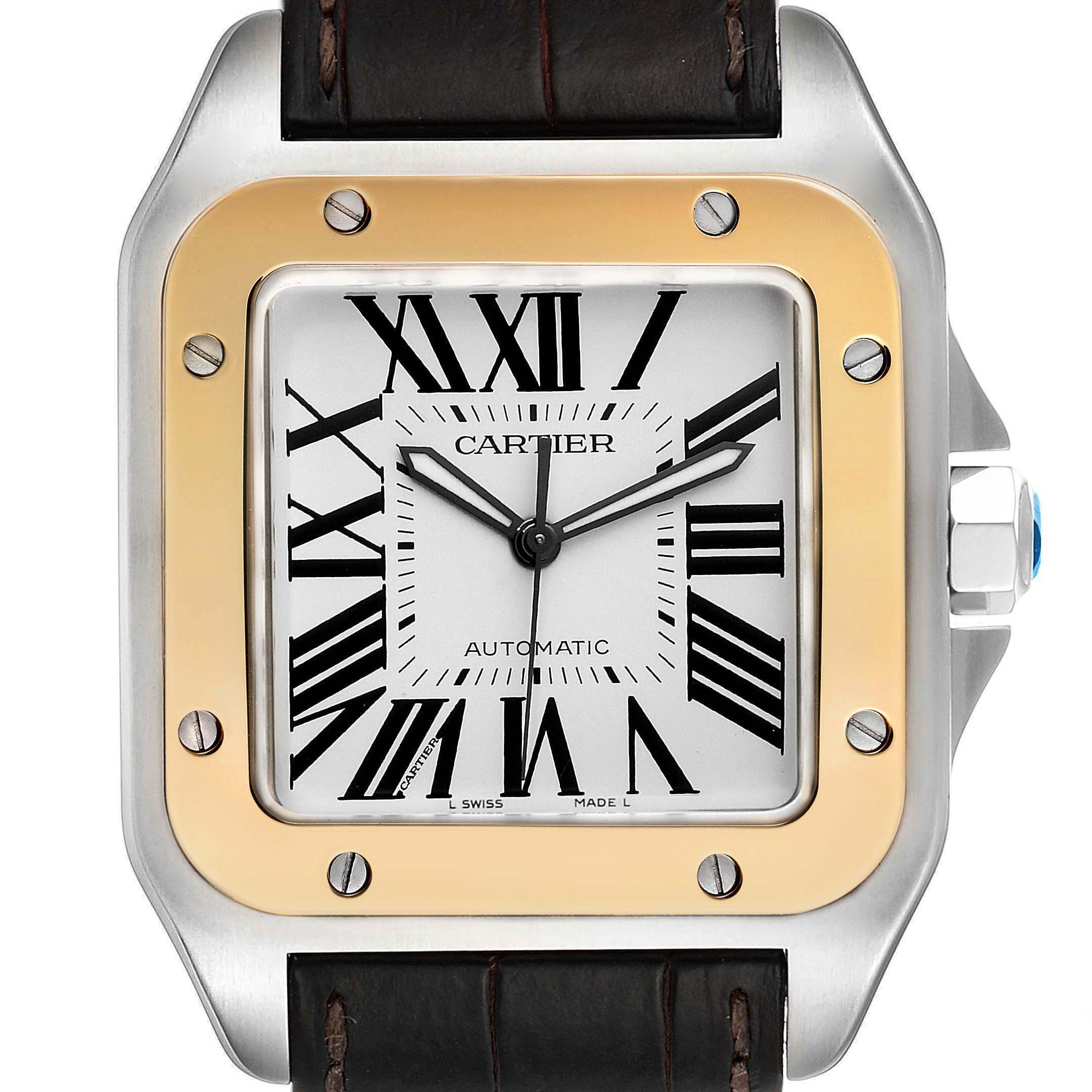 The image shows a front view of a Cartier Santos W20072X7 Men's Steel and Gold (two tone) Silver Dial W20072X7 Men's Steel and Gold (two tone) Silver Dial watch, displaying its square dial, Roman numerals, and bezel screws.