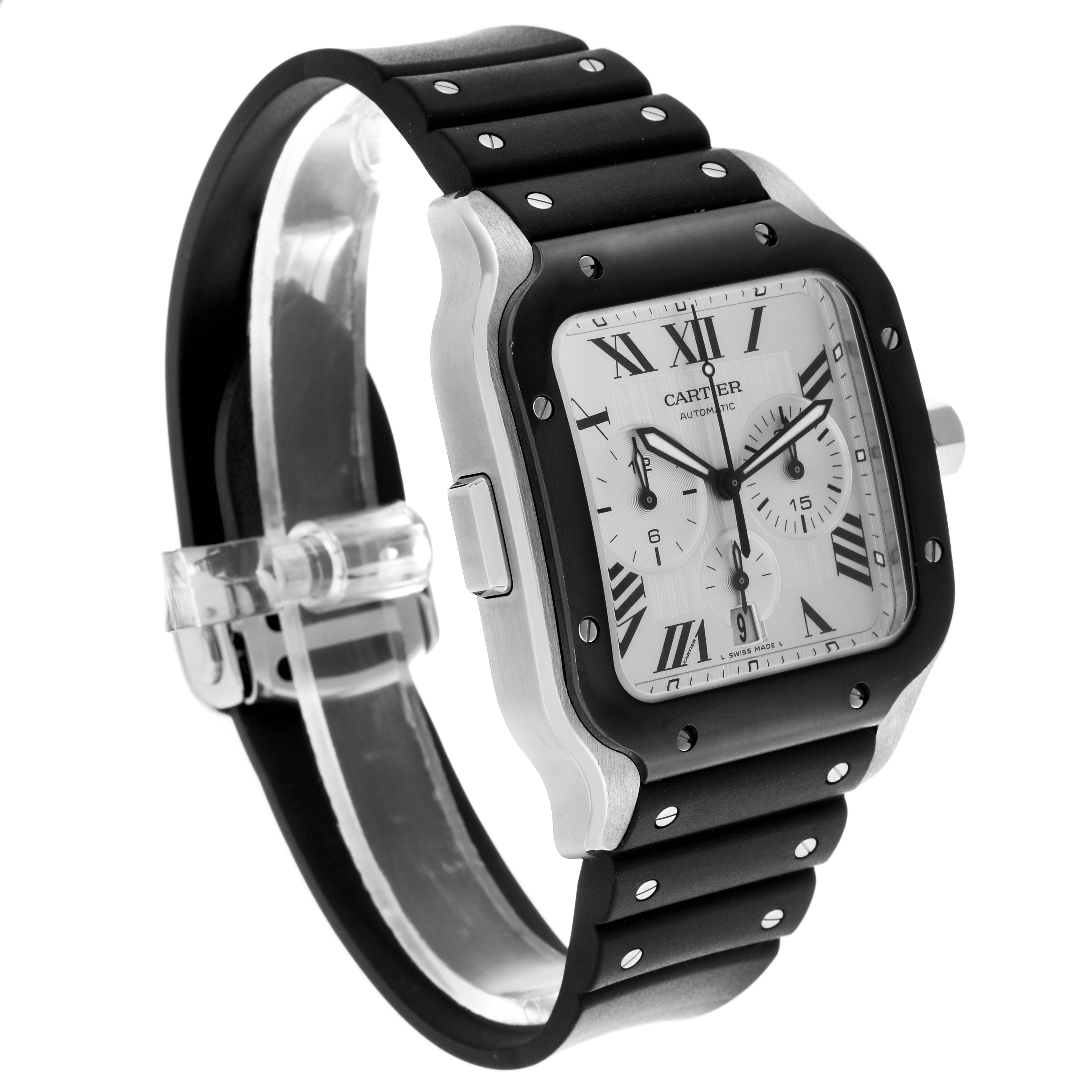 The Cartier Santos WSSA0017 Men's Stainless Steel Silver Dial WSSA0017 Men's Stainless Steel Silver Dial watch is shown at a three-quarter angle, highlighting the face, bezel, and black rubber strap.
