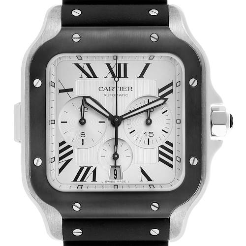 The Cartier Santos watch is shown from the front, displaying the dial, bezel, and part of the strap.