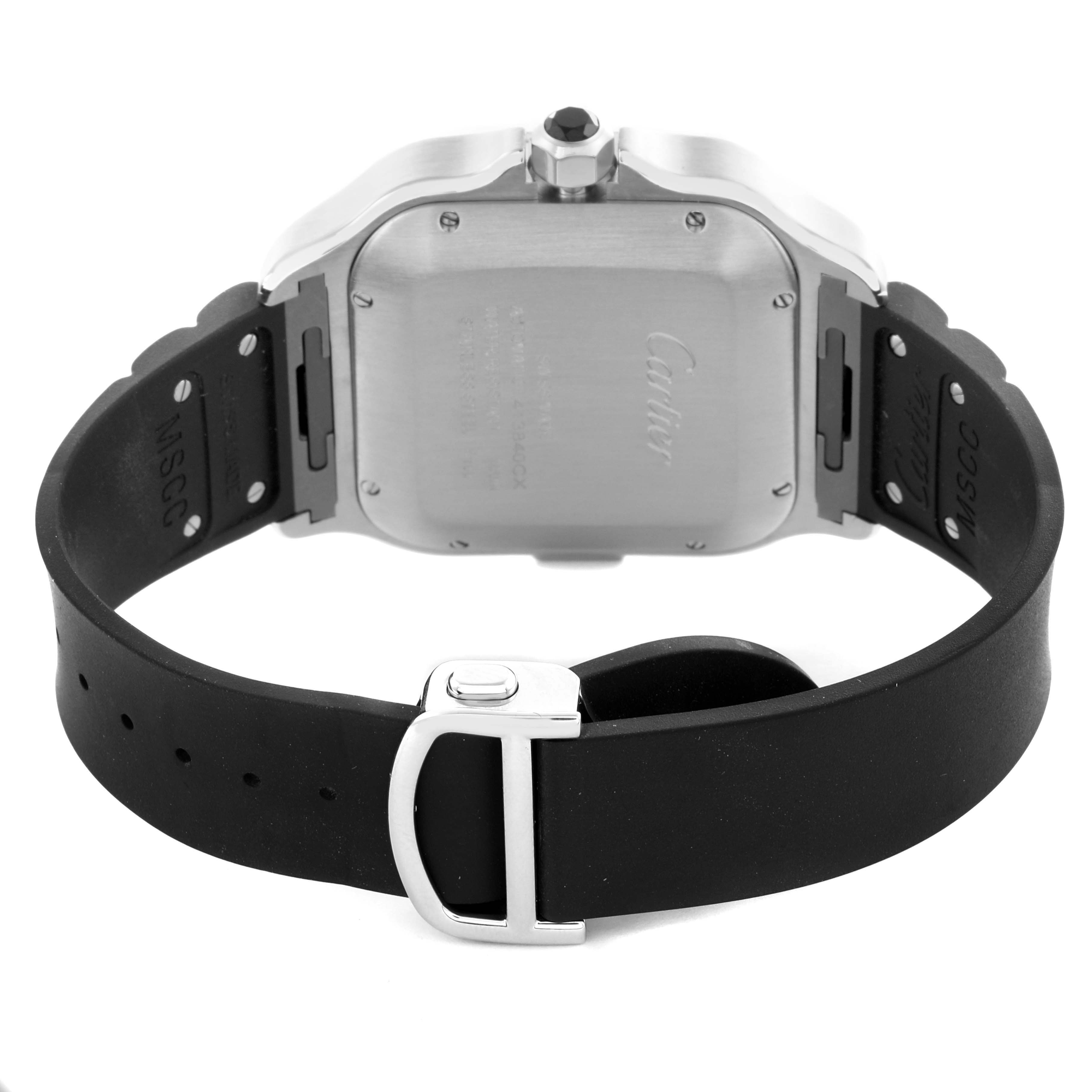 The image shows the back view of a Cartier Santos WSSA0017 Men's Stainless Steel Silver Dial WSSA0017 Men's Stainless Steel Silver Dial watch, highlighting the case back, crown, and rubber strap with a buckle.