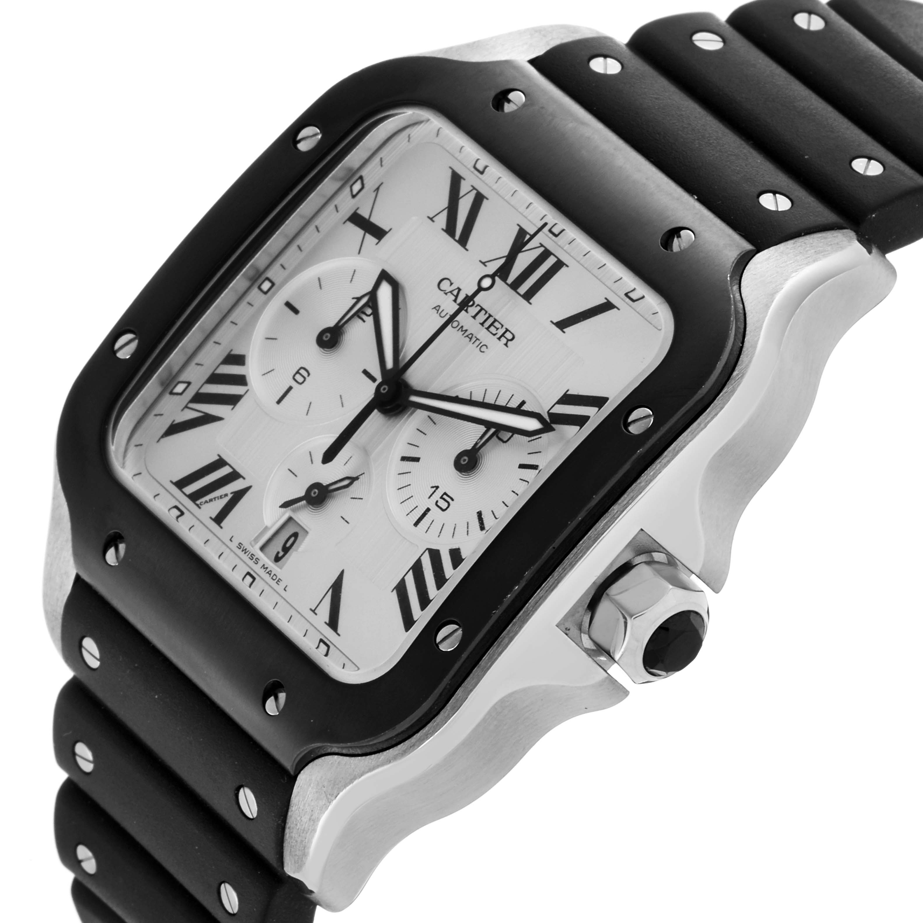 The Cartier Santos WSSA0017 Men's Stainless Steel Silver Dial WSSA0017 Men's Stainless Steel Silver Dial watch is shown at a slight angle, highlighting the face, bezel, and part of the strap.