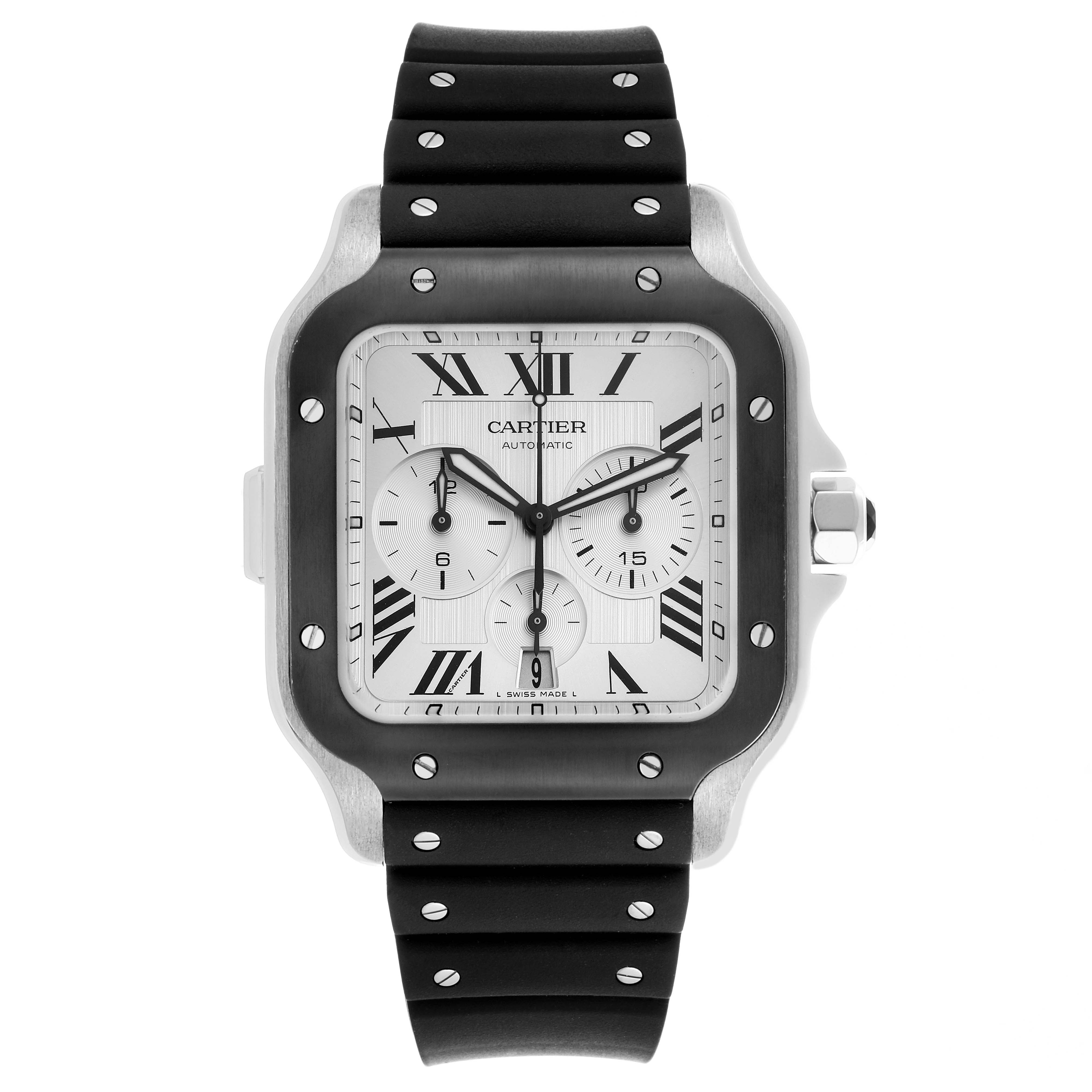 The Cartier Santos WSSA0017 Men's Stainless Steel Silver Dial WSSA0017 Men's Stainless Steel Silver Dial watch is shown from the front, displaying the dial, bezel, and rubber strap.