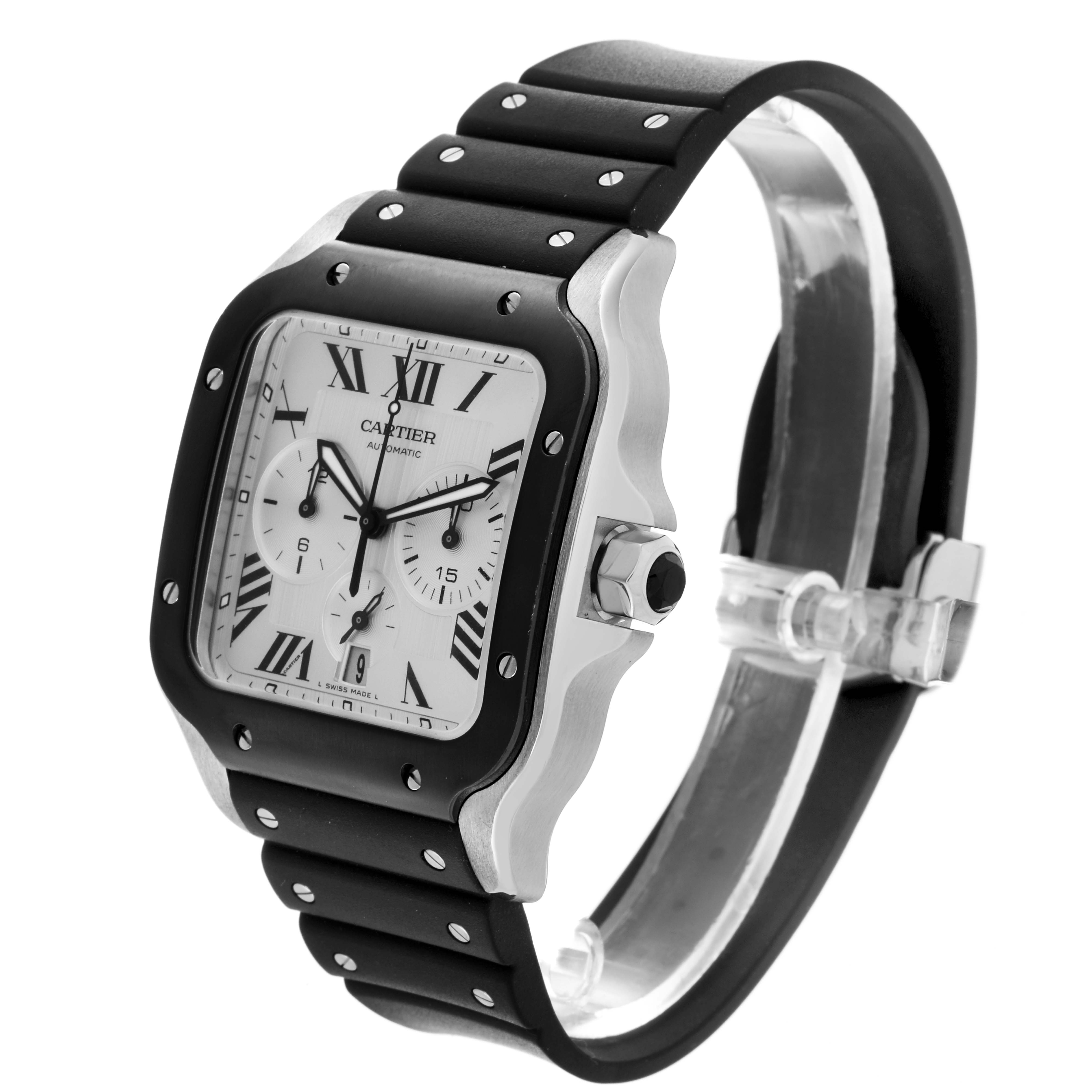 The Cartier Santos WSSA0017 Men's Stainless Steel Silver Dial WSSA0017 Men's Stainless Steel Silver Dial watch is shown at a three-quarter angle, highlighting the face, bezel, and rubber strap.